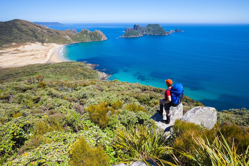 A woman hiker stands on a high ledge overlooking the coastline. 