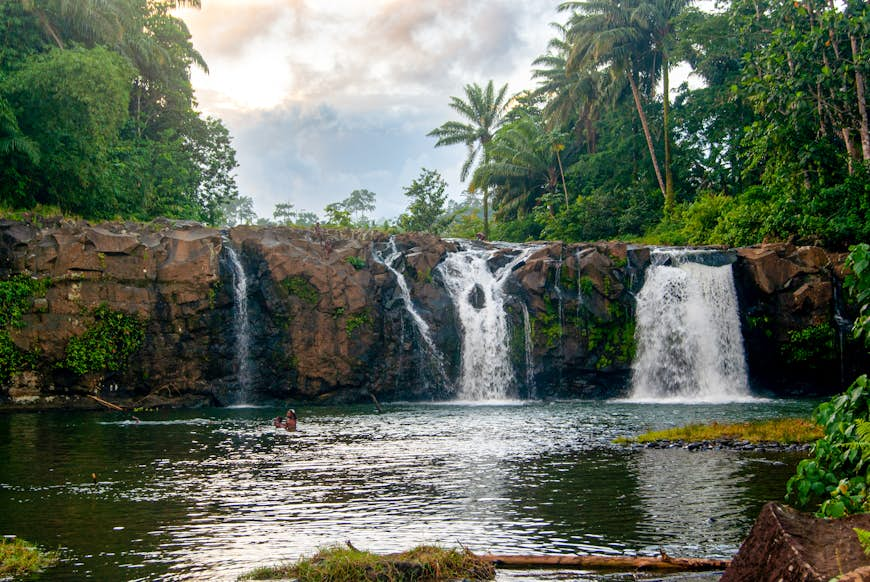 People swim below a beautiful waterfall in a lush forest. 