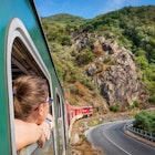 red retro train in Bulgaria mountains, Alpine railway in the Balkans