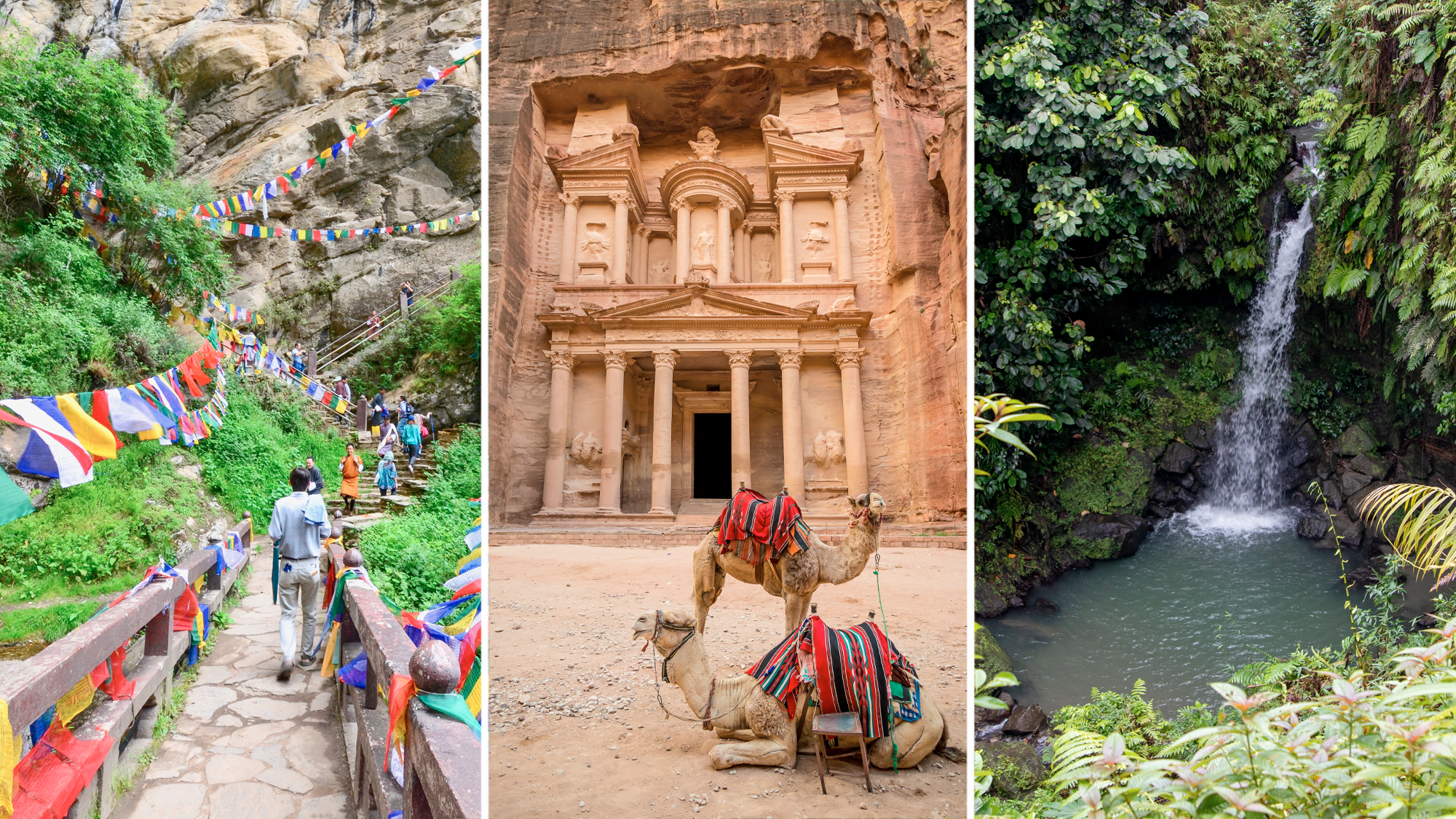 A highlight of the Trans-Bhutan trail is the Tiger's Nest; Petra is a must see while in Jordan; the Emerald Pool is a beautiful hike in Dominica. 