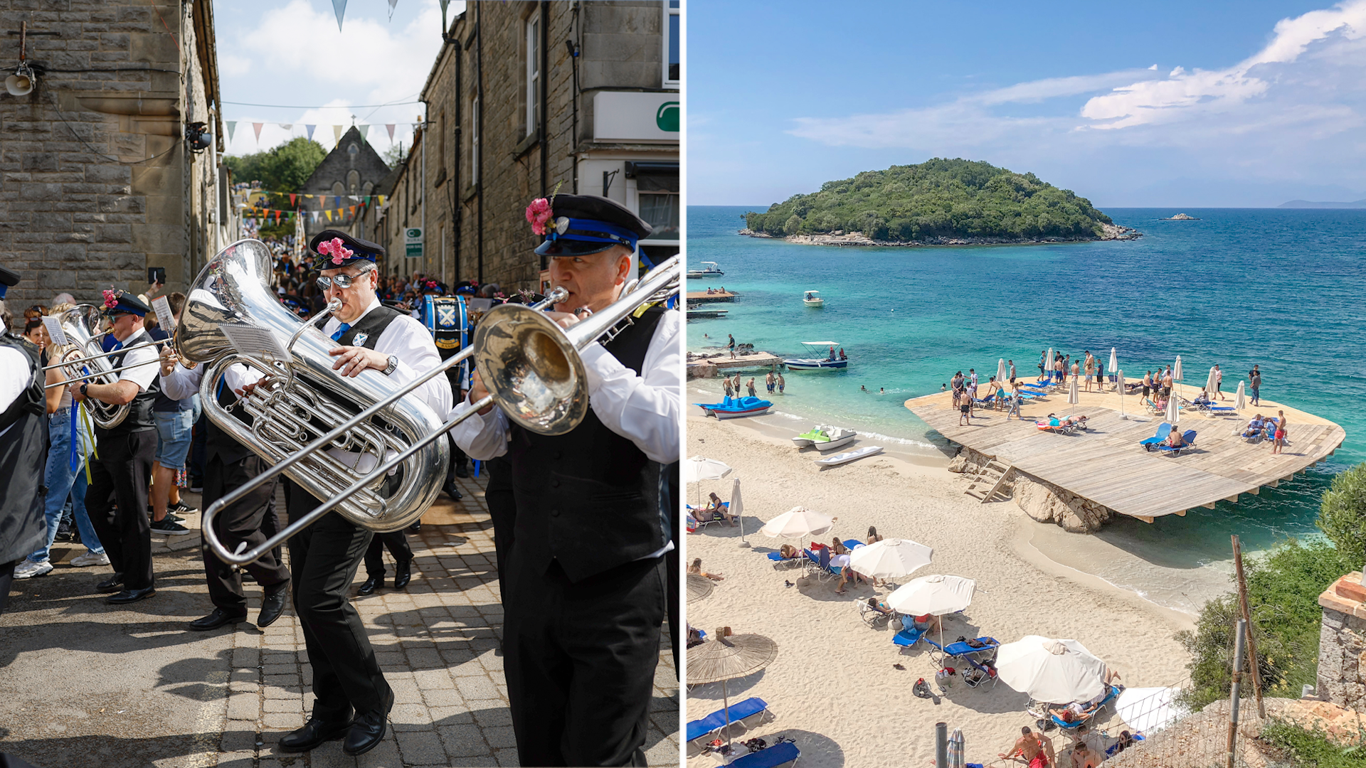 La banda di ottoni suona mentre la processione attraversa la città durante il Langholm Common Riding; prendi il sole senza la folla sulle spiagge dell'Albania.