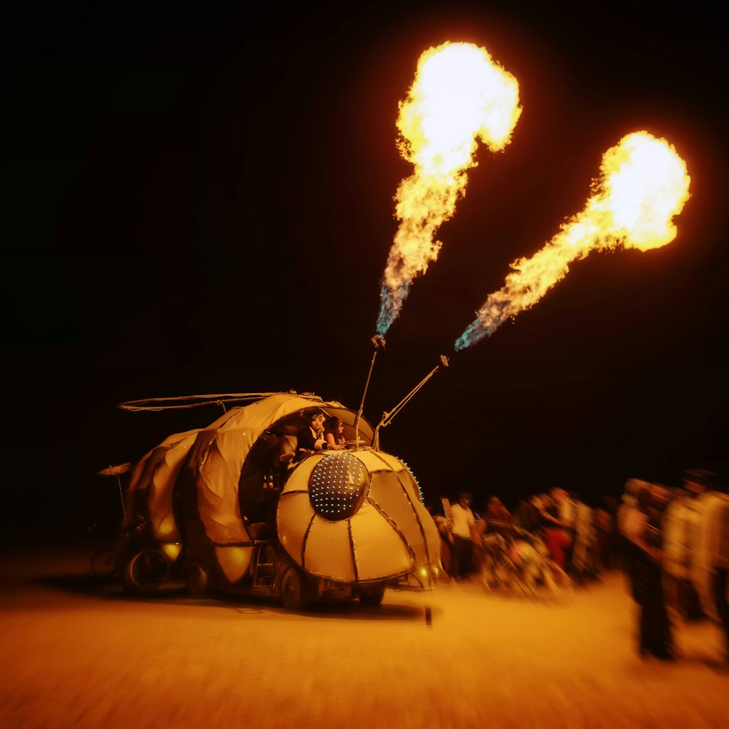 September 2, 2016: Flames shooting from a mutant vehicle at Burning Man in the evening.