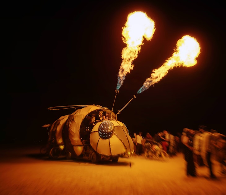 September 2, 2016: Flames shooting from a mutant vehicle at Burning Man in the evening.