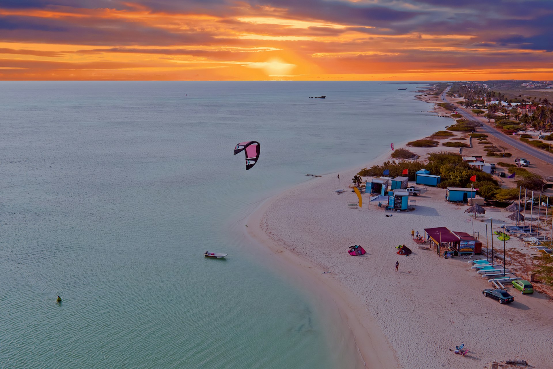 Aerial from the Fisherman’s Huts at twilight, Aruba, Caribbean