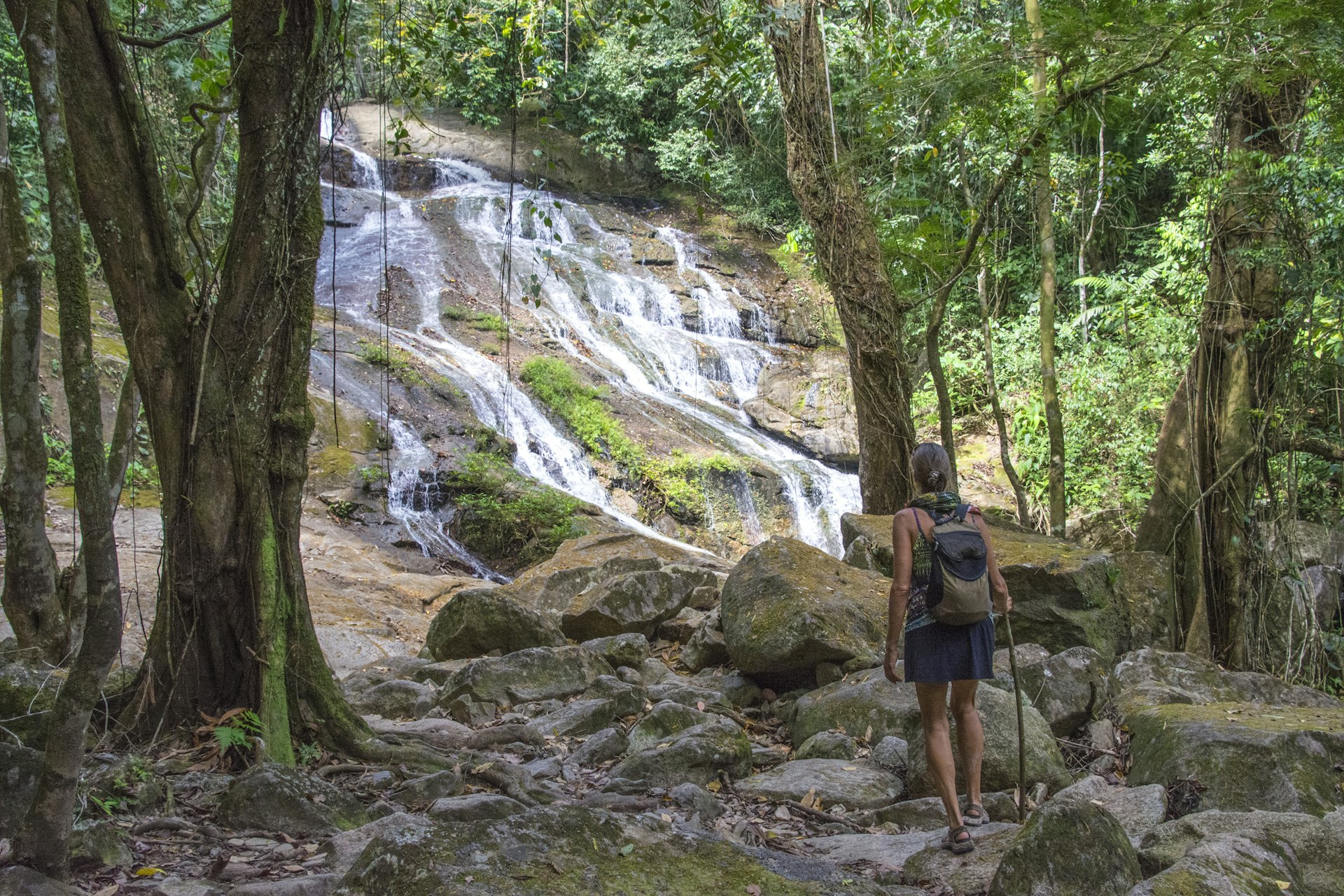 A hiker stands in jungle facing a cascading waterfall