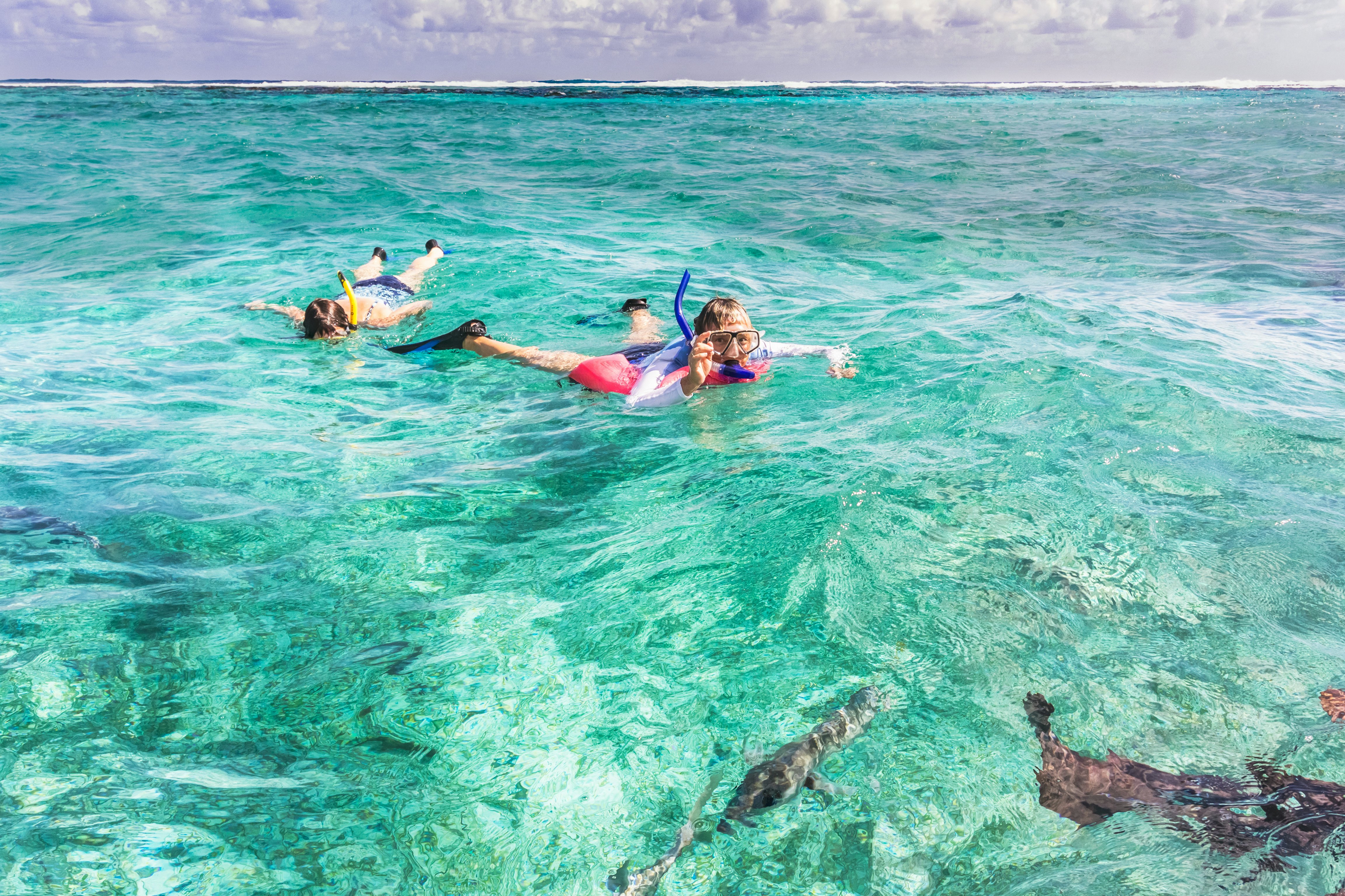 People are snorkeling in the reef near Caye Caulker in Belize. It is a small island near Ambergris Caye. The island is very popular with divers because of its close proximity to the Belize Barrier Reef.