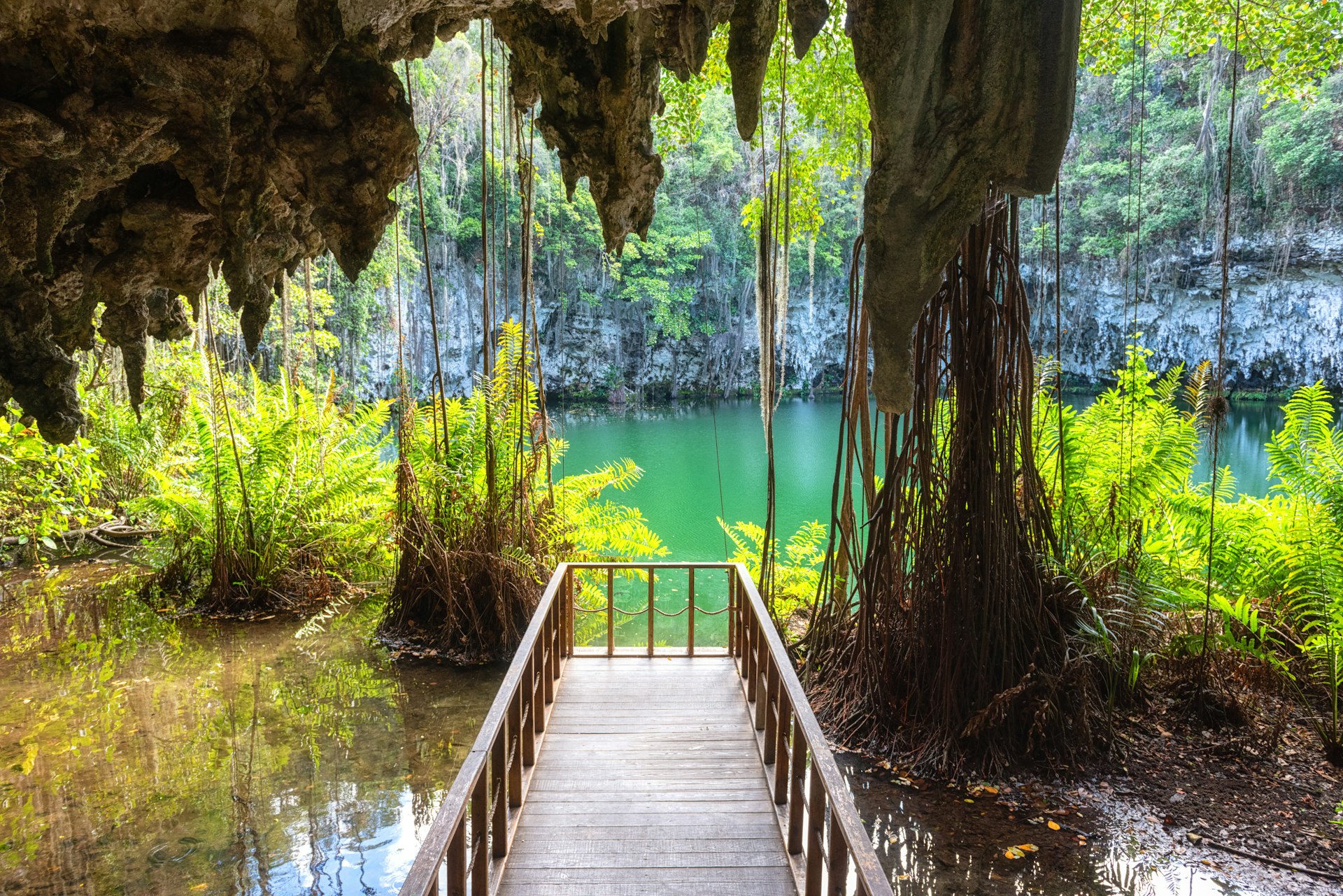 A boardwalk in jungle leads to a turquoise water feature among limestone caves