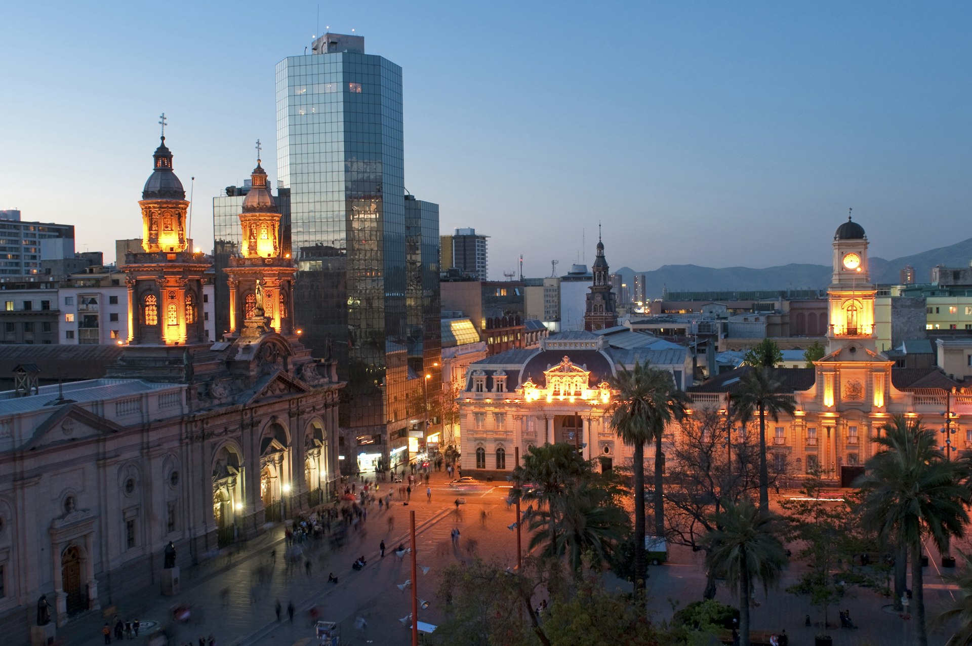 Nightime view of the Plaza De Armas, Santiago, Chile
