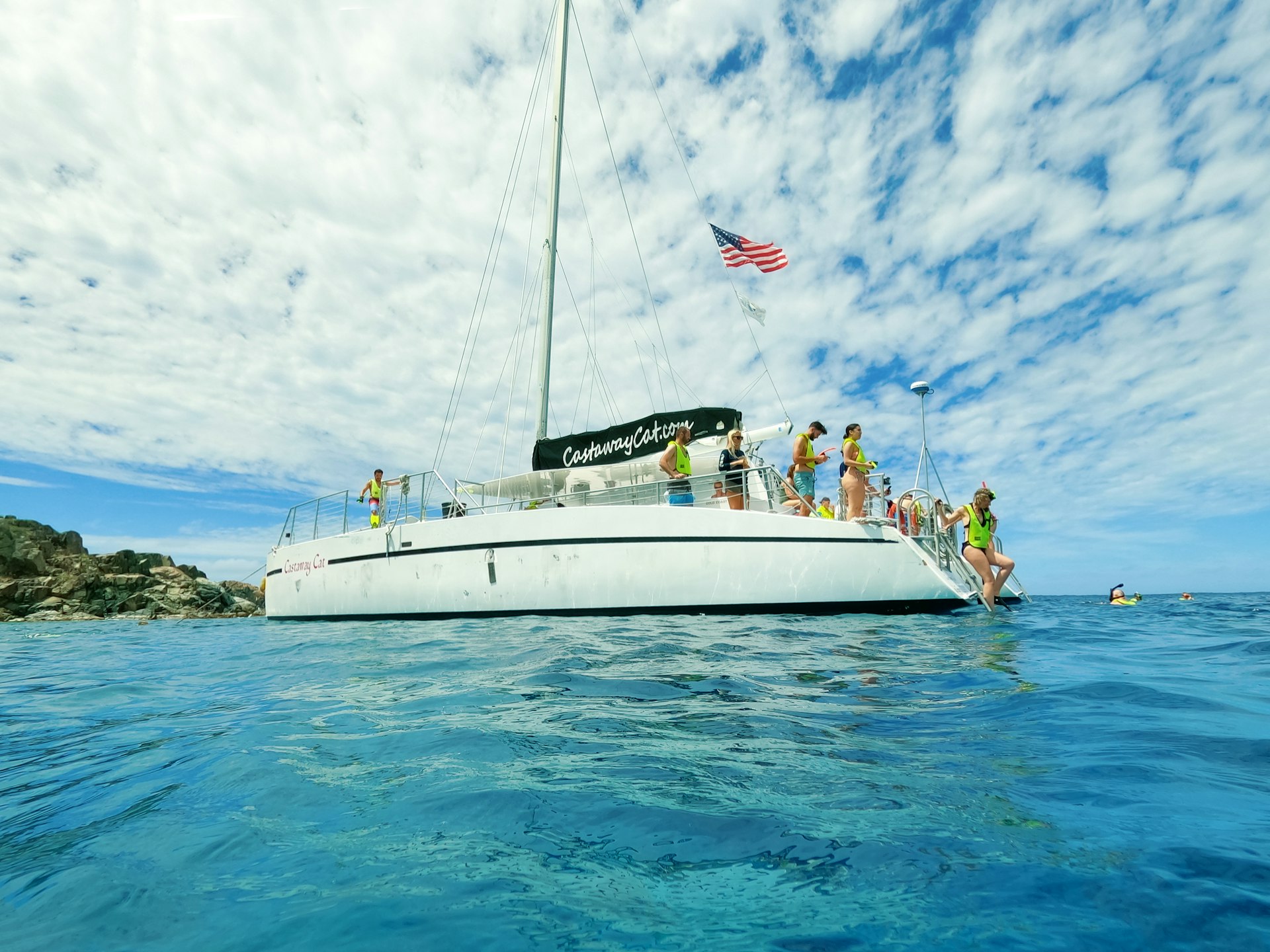 The people at snorkeling underwater and fishing tour by boat at the Caribbean Sea at Honeymoon Beach on St. Thomas, USVI in US Virgin Islands