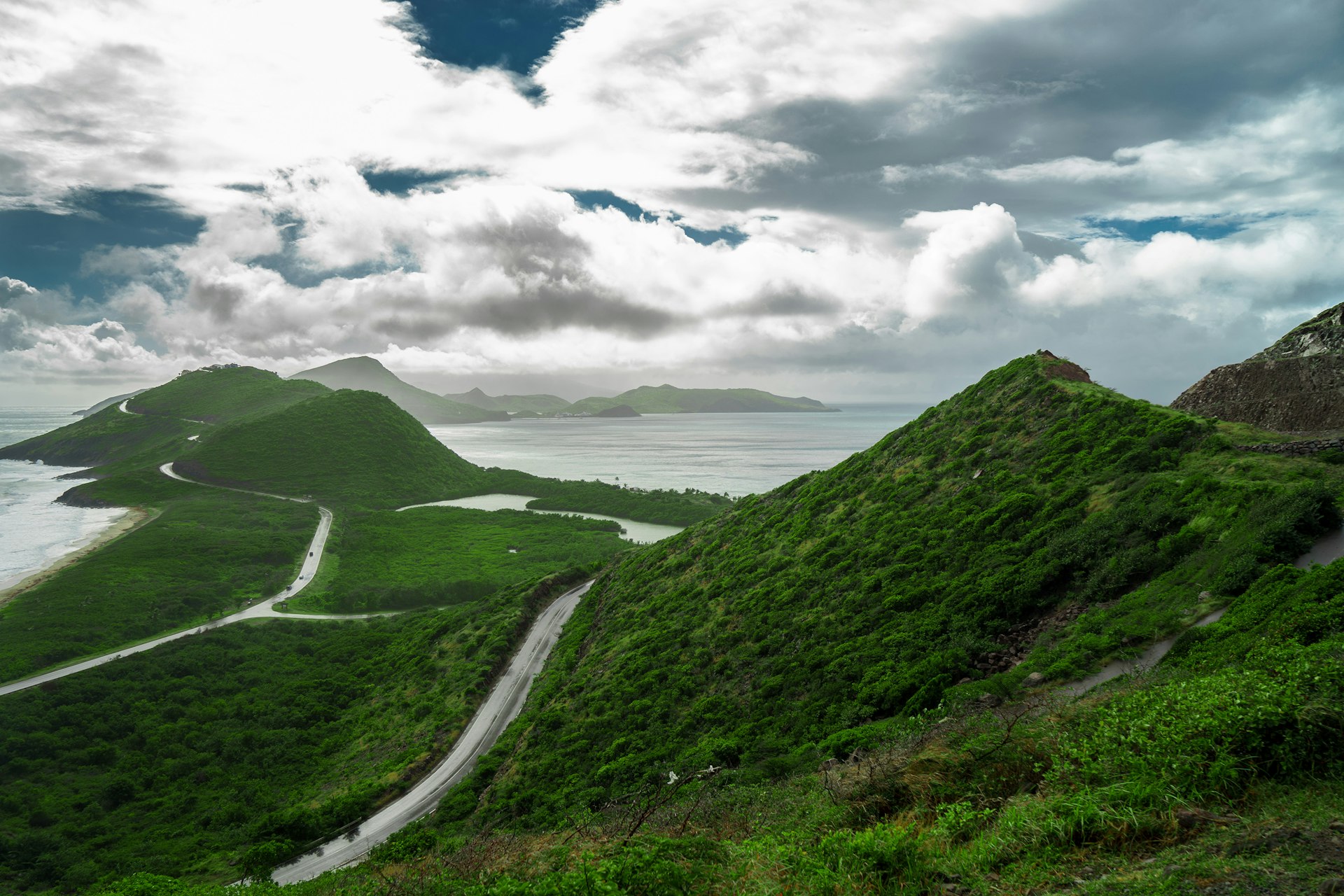 Landscape view of the Caribbean Sea and Atlantic Ocean looking south of St Kitts island from the top of Timothy Hill.