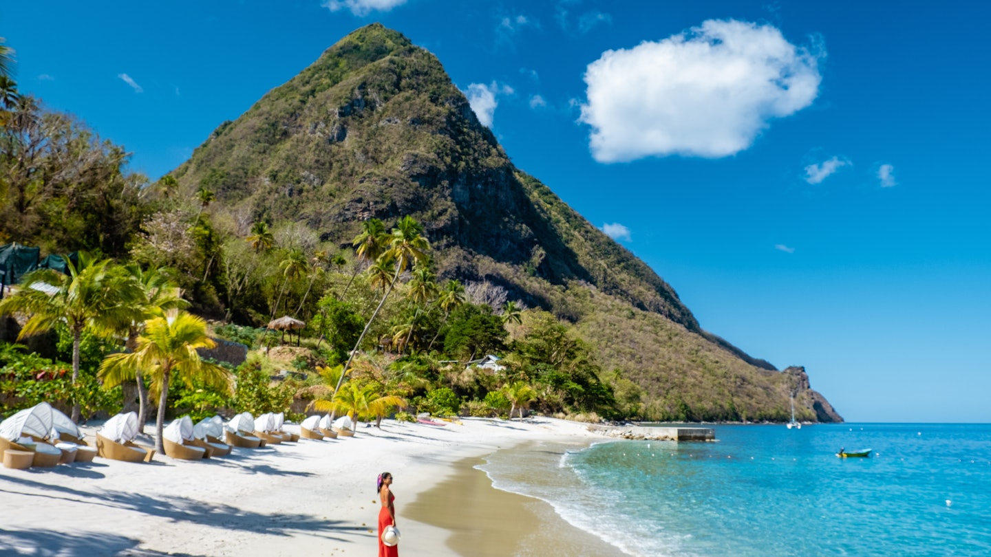 St Lucia Caribbean, woman on vacation at the tropical Island of Saint Lucia Caribbean ocean
1214935365