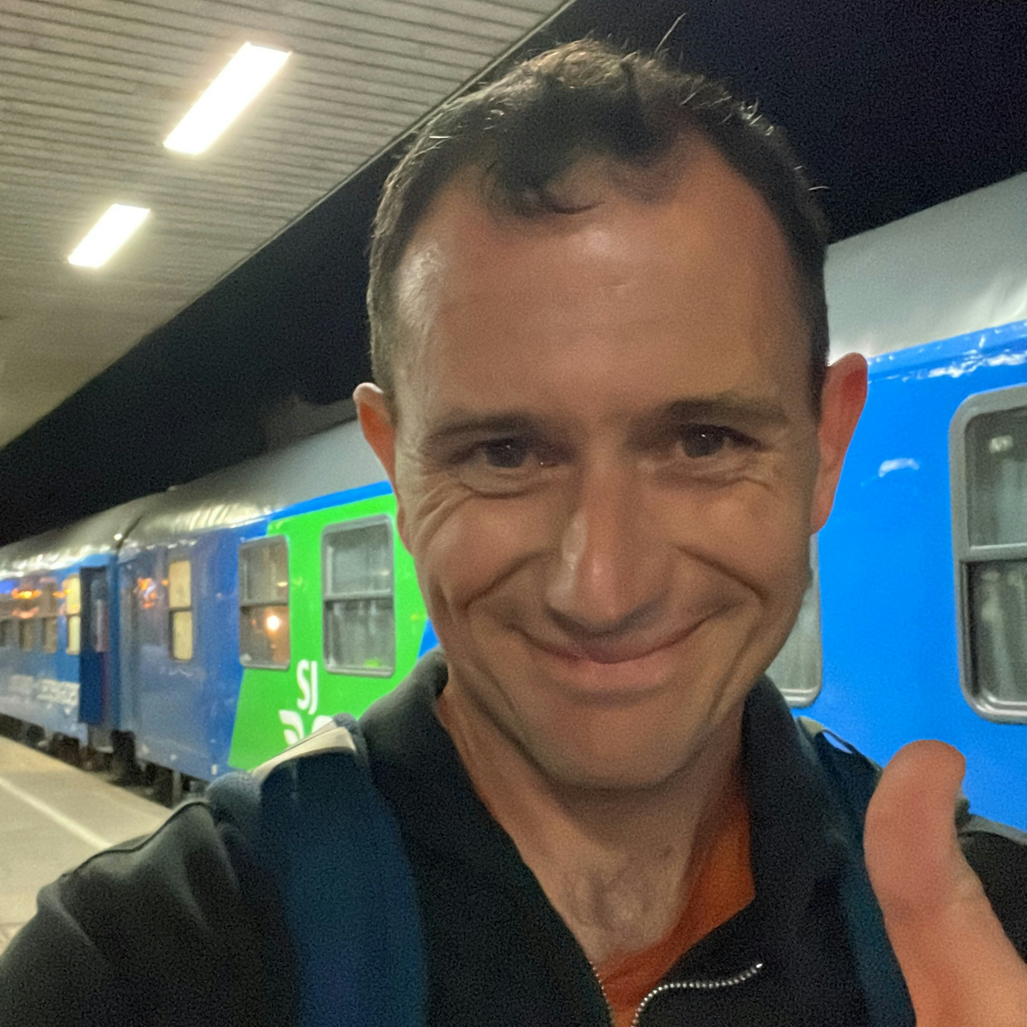 Author Tom Hall before boarding the night train from Hamburg to Stockholm