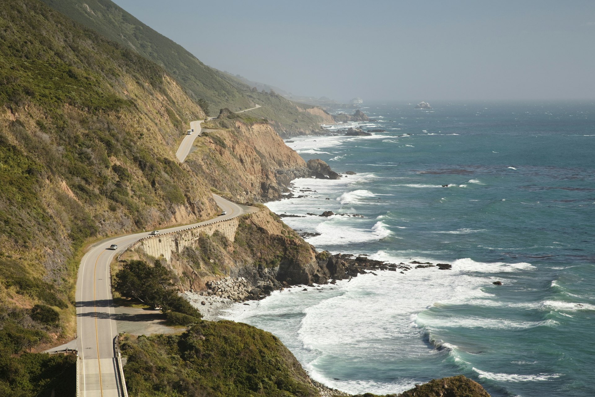 A late afternoon view of Pacific Coast Highway (aka Highway 1) on the Central California coastline in the Big Sur area.