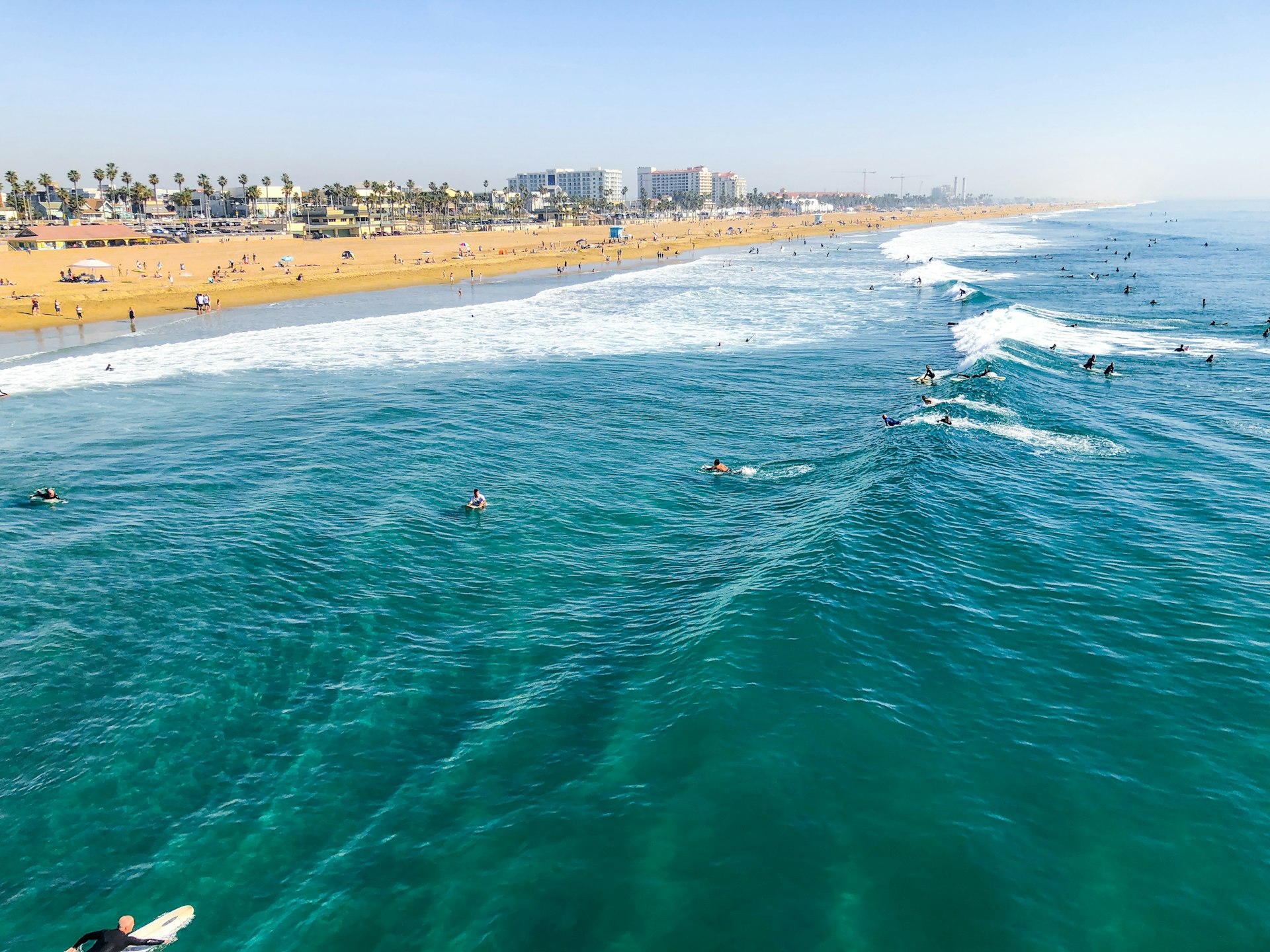 Waves breaking on Huntington Beach in Orange County, Southern California