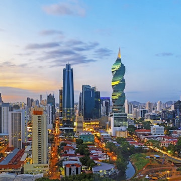 The skyline of Panama City with its skyscrapers in the financial district at sunset, Panama.
1264005950
