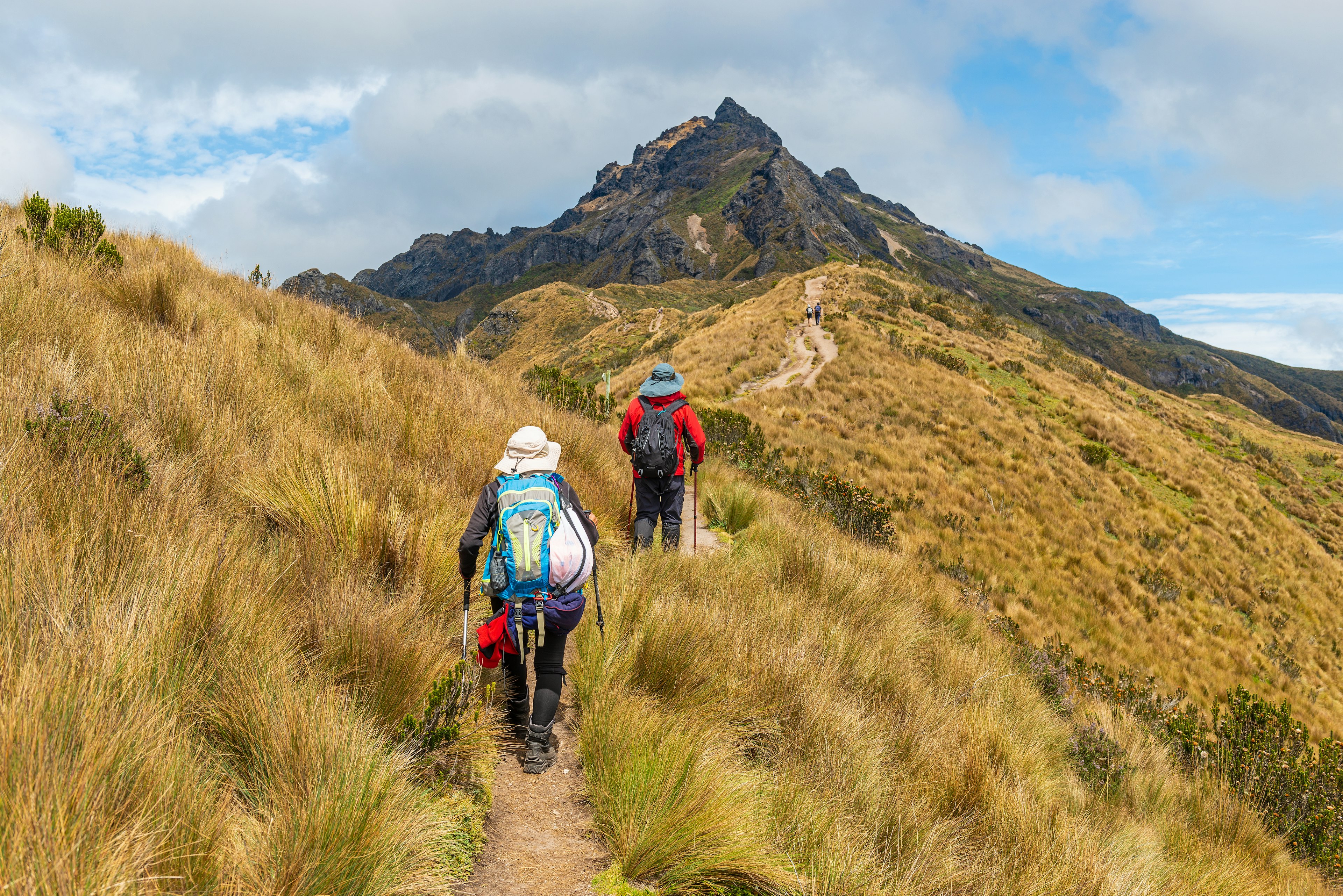 A group of hikers follow a path through a hilly region heading towards a volcanic peak