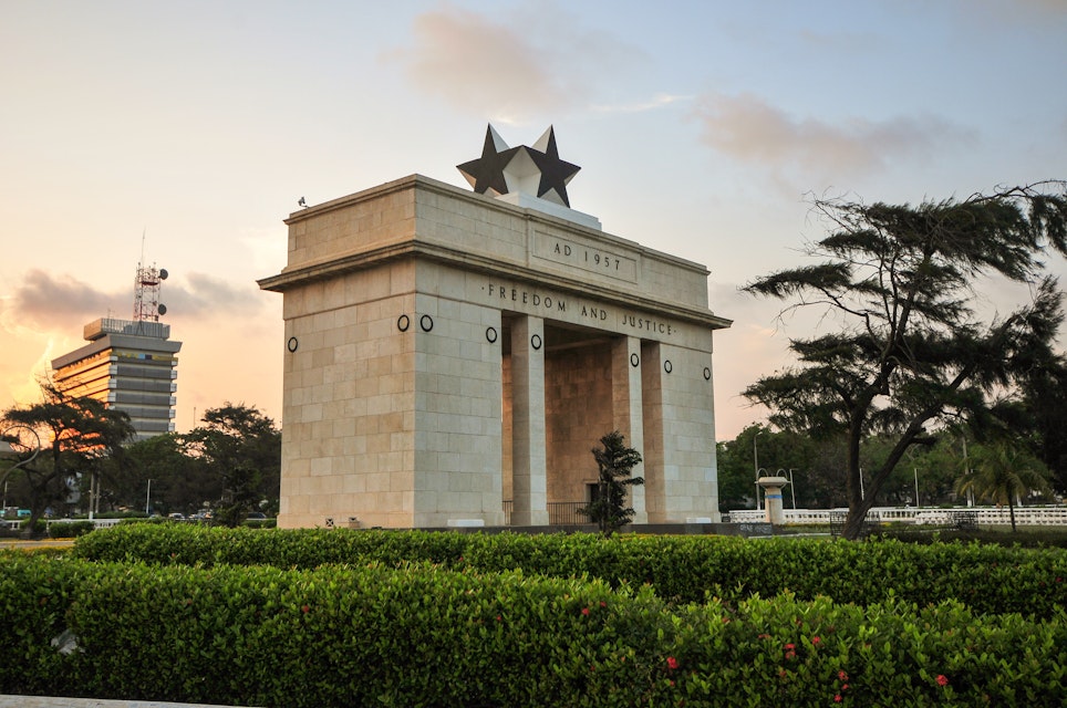 The Independence Square of Accra, Ghana, inscribed with the words "Freedom and Justice, AD 1957", commemorates the independence of Ghana, a first for Sub Saharan Africa. It contains monuments to Ghana's independence struggle, including the Independence Arch, Black Star Square, and the Liberation Day Monument.
453437701
1957, Accra, Africa, African Descent, Arch, Architecture, Black, Black Star, British Colony, Day, Dusk, East, Famous Place, Flag, Freedom, Ghana, Horizontal, Independence, Justice, Monument, Night, People, Side View, Square, Star, Star Shape, Stone, Struggle, Sunset, Town Square, Travel, colonialism, indepedence