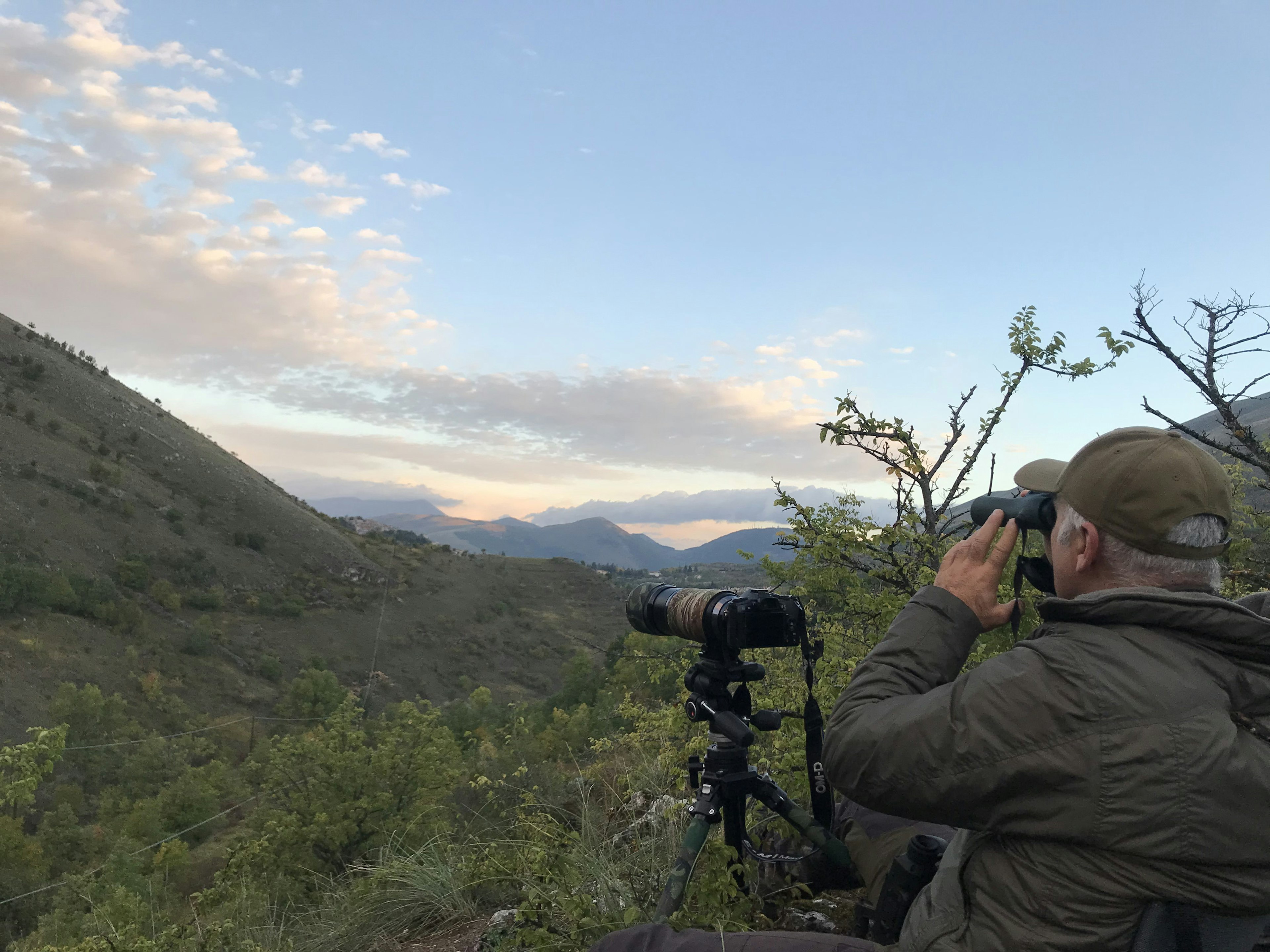 A man stands in dense forest with a telescope watching the sunrise