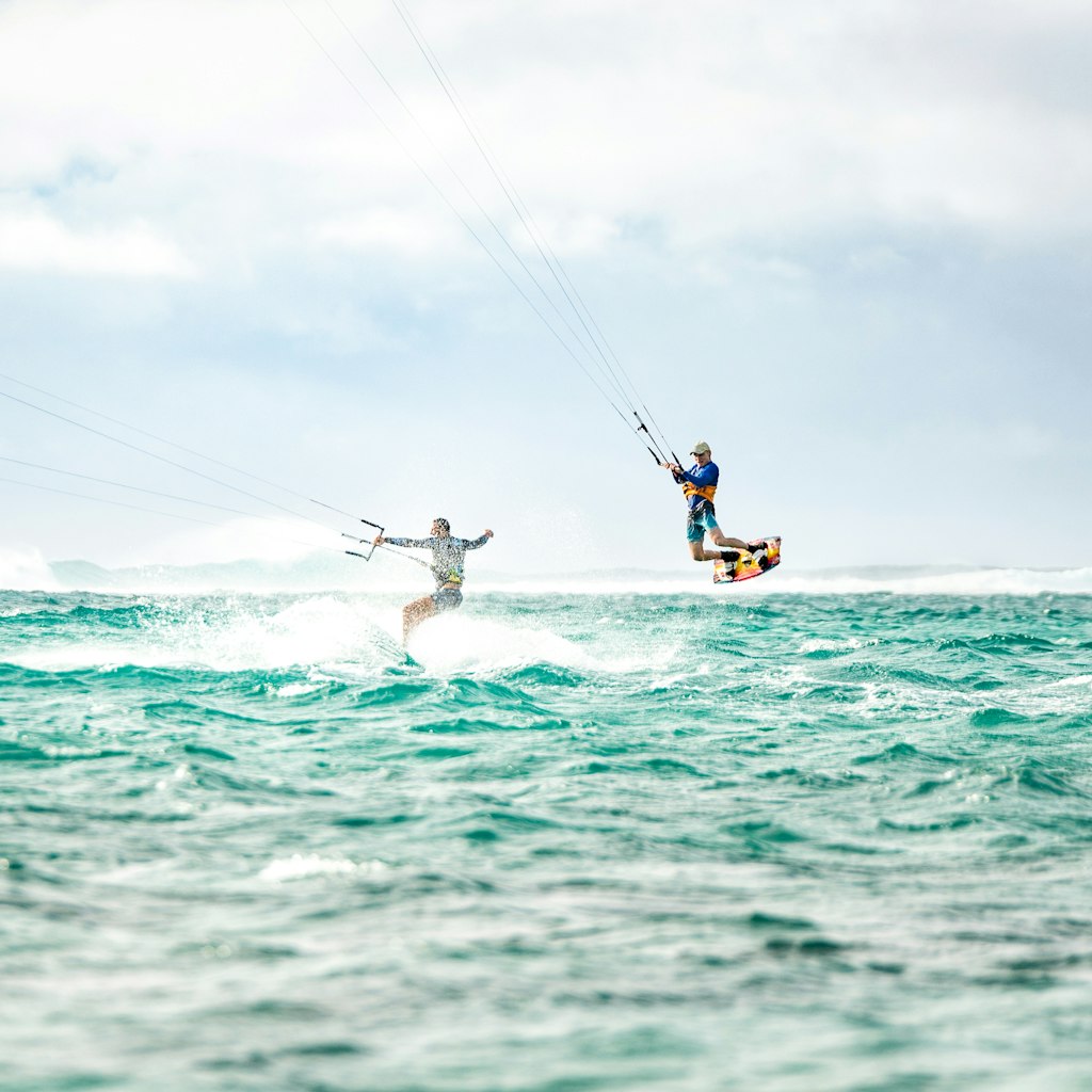 Two men kiteboarding together at Mauritius island
1212196407