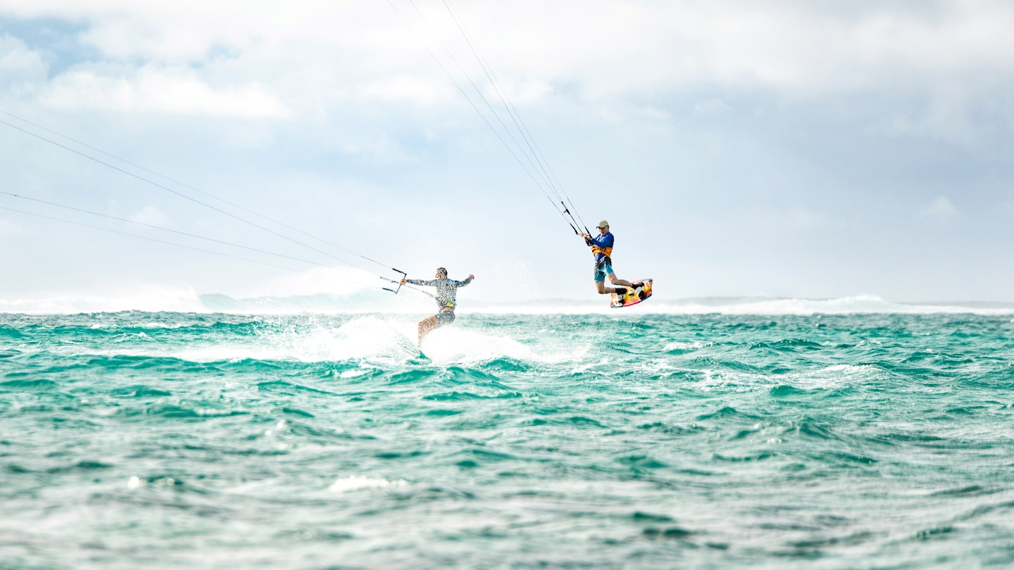 Two men kiteboarding together at Mauritius island
1212196407