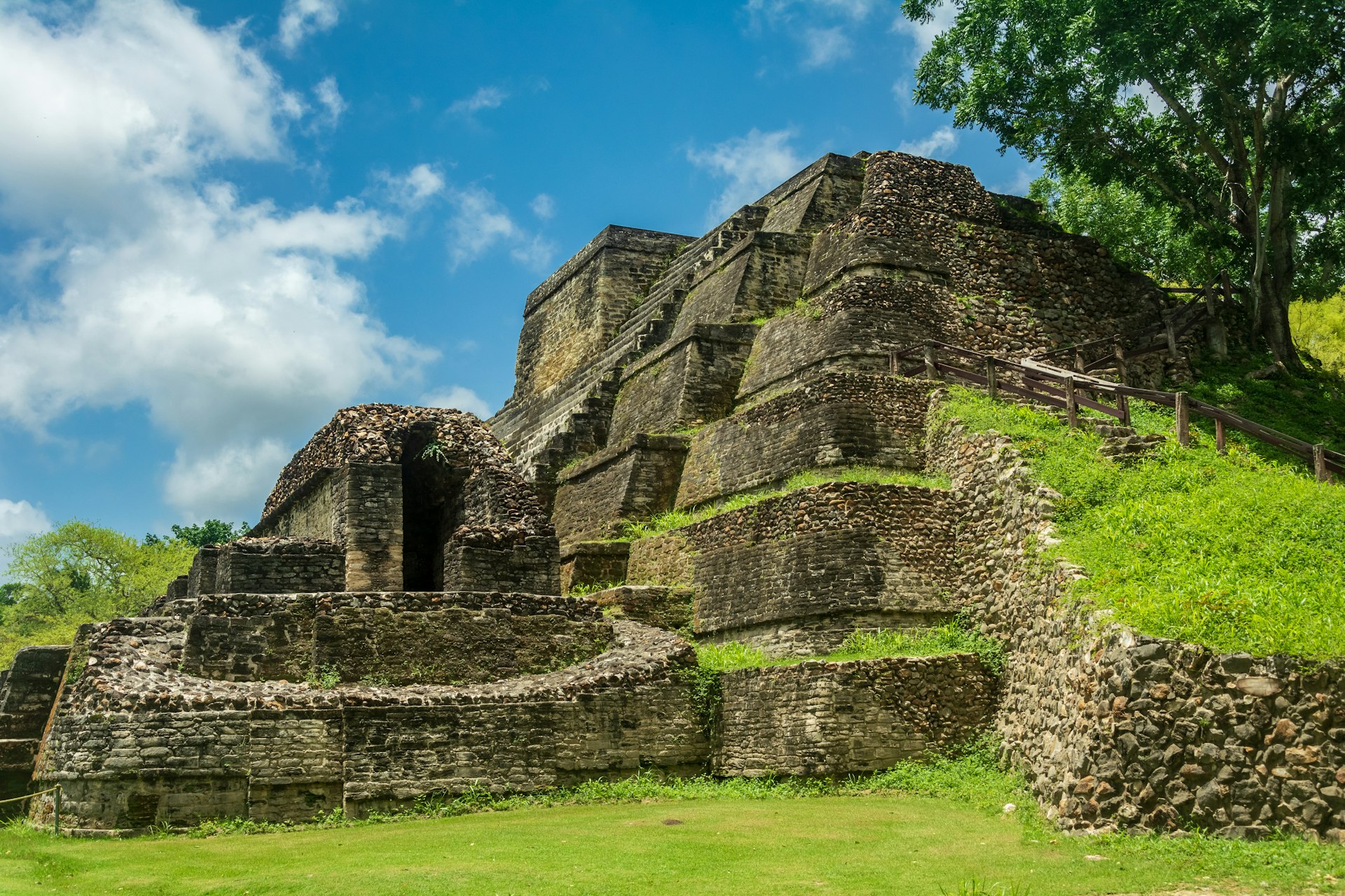 The stones of ancient Maya ruins stack to form a pyramid shape in Belize
