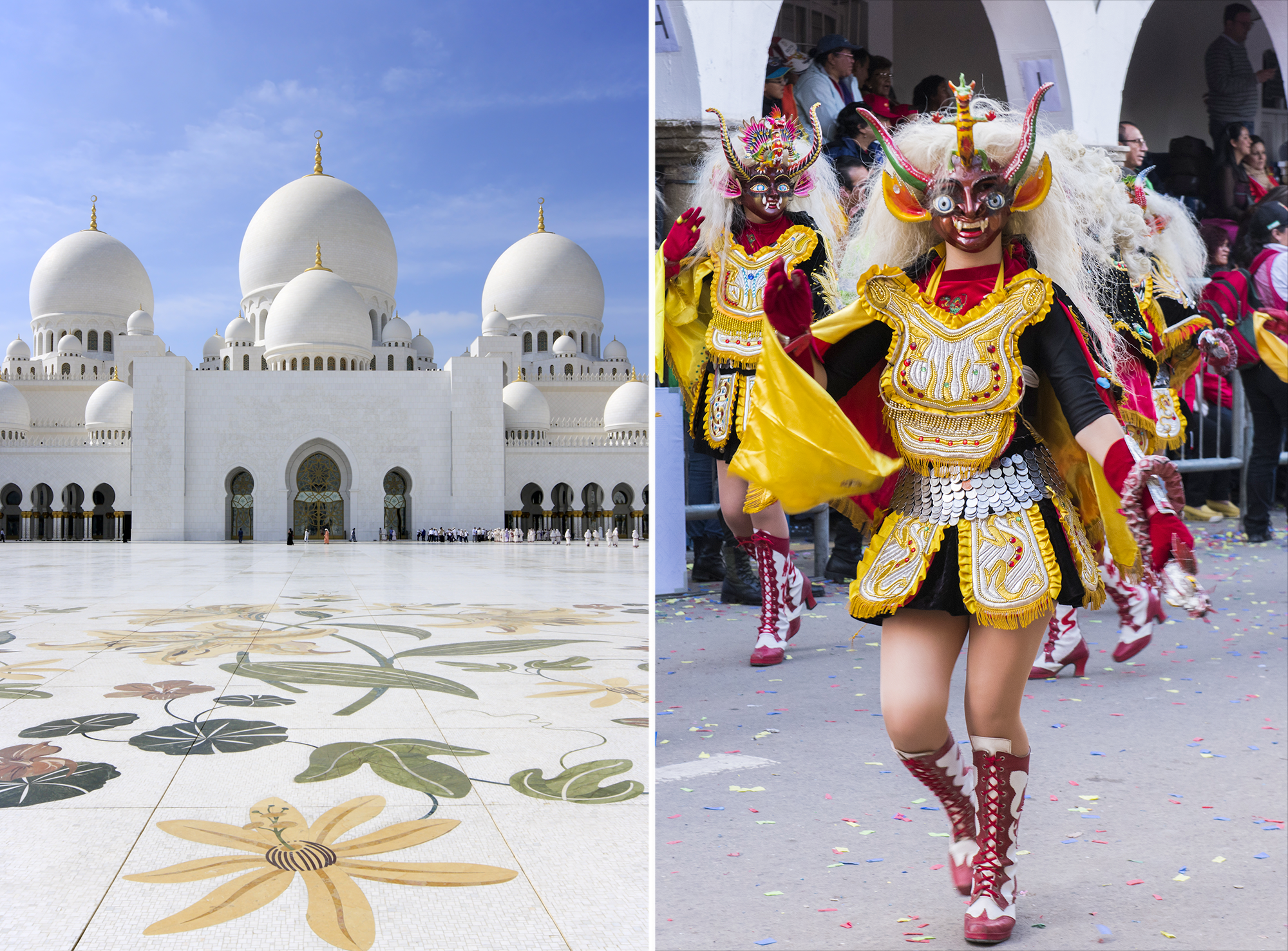 Sheikh Zayed Grand Mosque in Abu Dhabi and Dancer with Diablada mask in Bolivia 