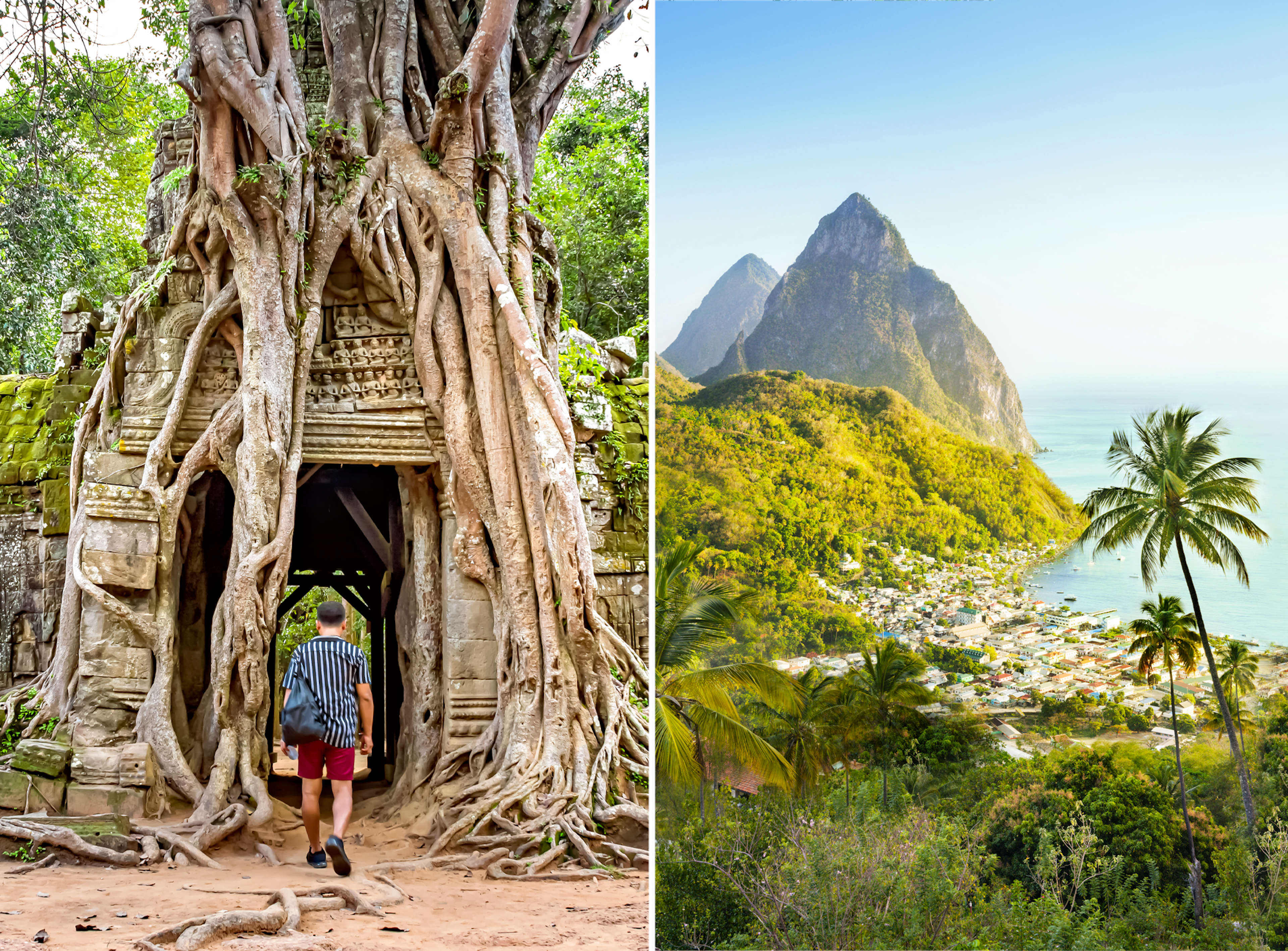 Kriangkrai Thitimakorn in Cambodia and view of The Pitons in St Lucia.