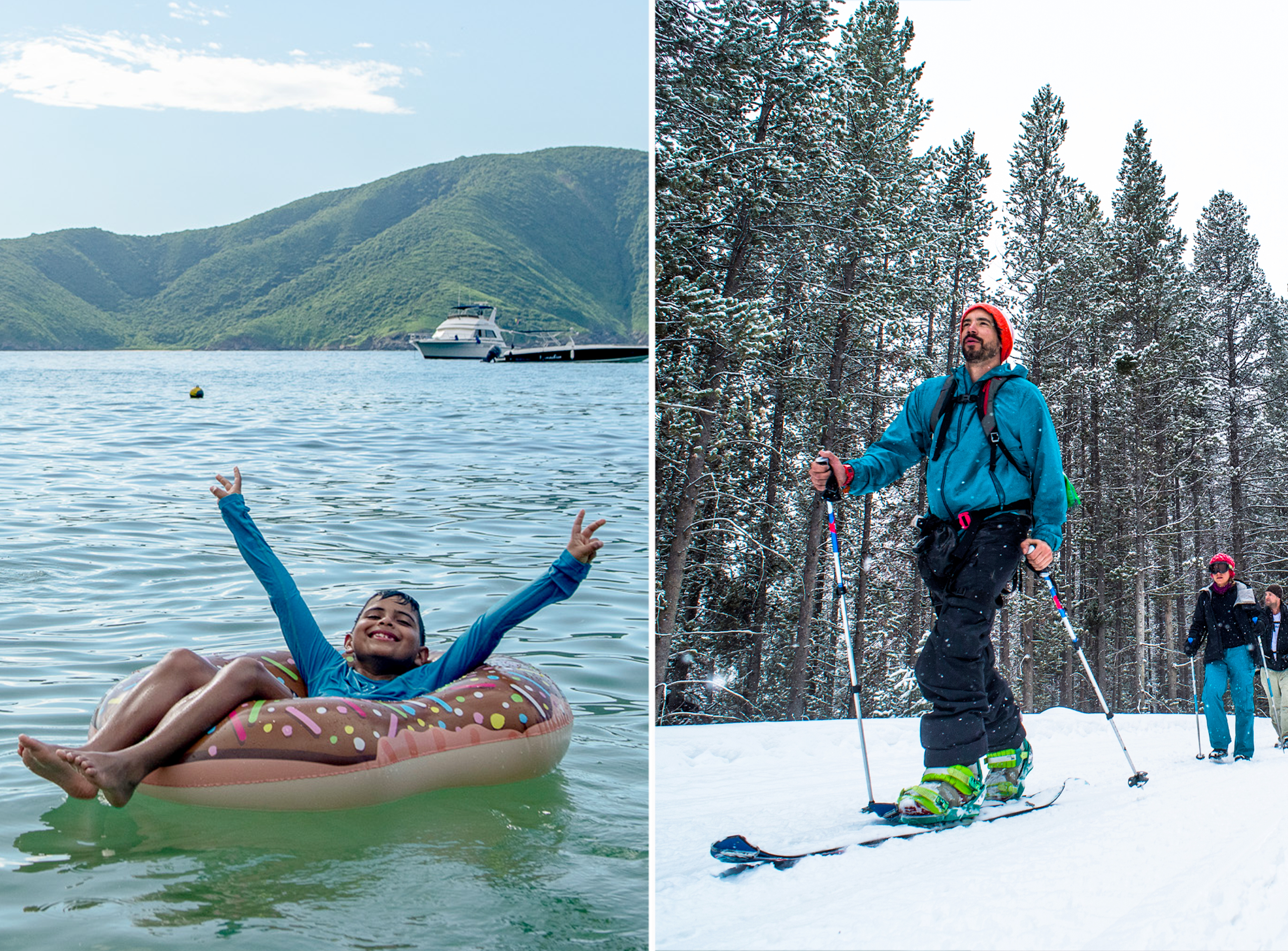 Swimming at Colombia's Playa Cristal and cross country skiing at Jackson Hole Wyoming.