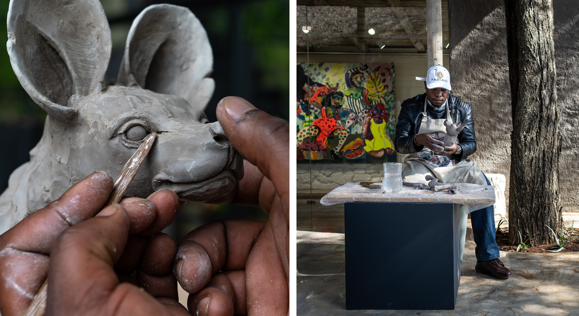  Side by side photos of a sculpture and the artist working on it – Ardmore Artists in Residence