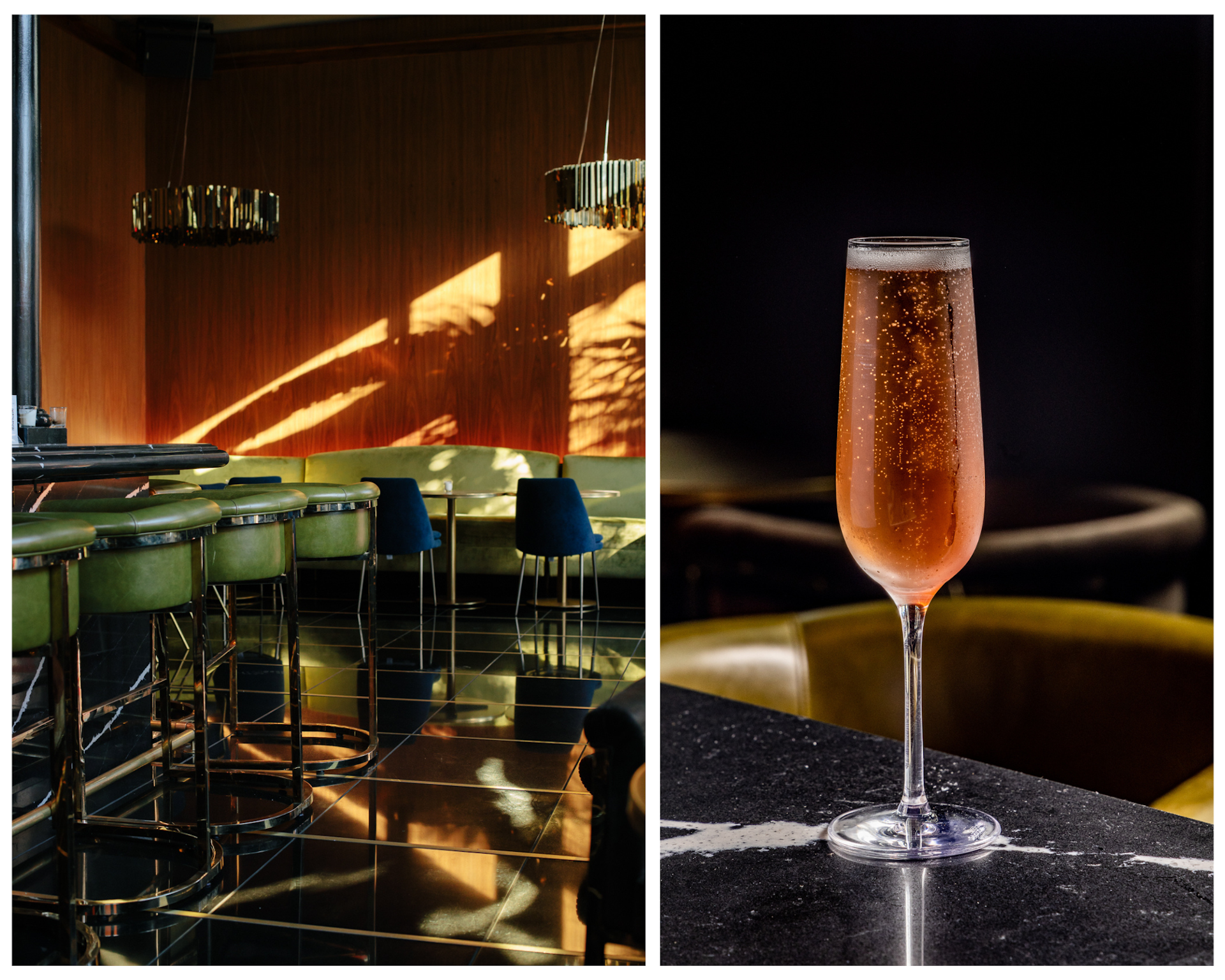 A split image shows in the inside of a classy bar and a glass of champagne. 