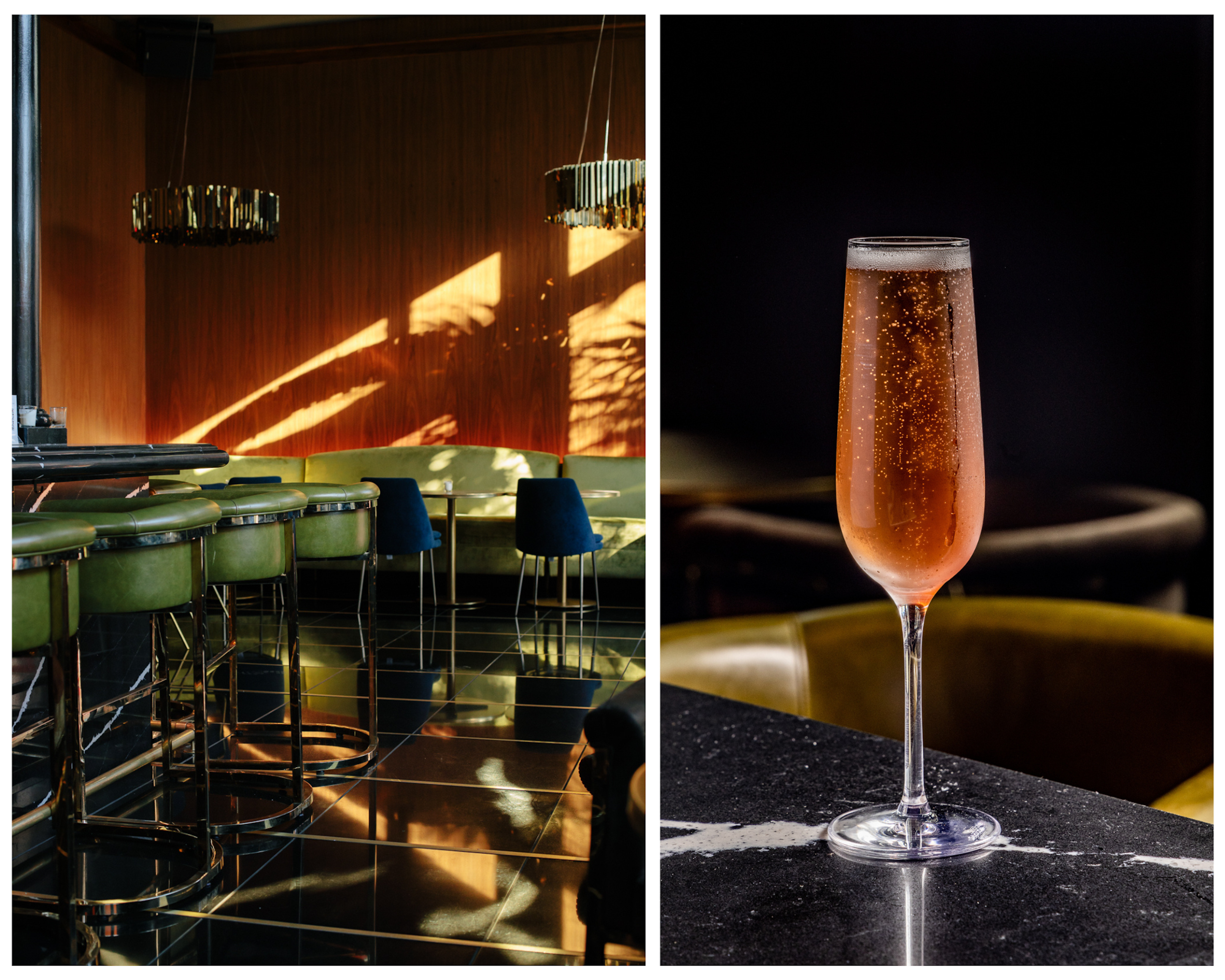 A split image shows in the inside of a classy bar and a glass of champagne.