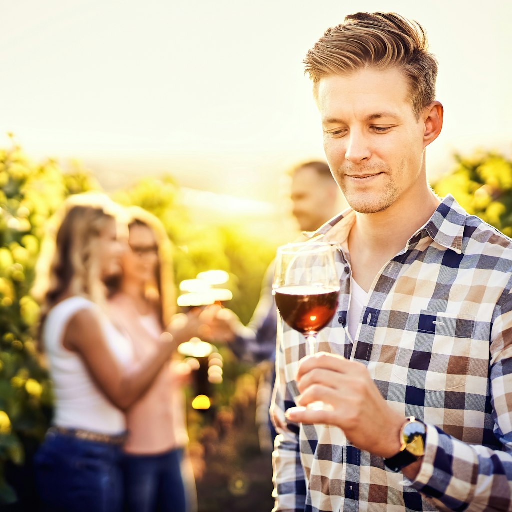Portrait of a young, millennial vintner holding and smelling a glass of organic bio red wine outdoors in a vineyard with his friends in the background - Vine-growing, and wine-tasting concept
1368812551