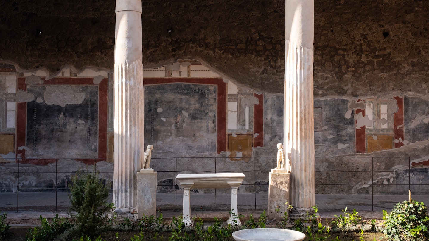 NAPLES, ITALY - JANUARY 10: The Peristyle of the domus House of the Vettii at the Archaeological Park of Pompeii, during the inauguration day of the reopening of the House of the Vettii, January 10, 2023. The House of the Vettii is a domus from Roman times, buried during the eruption of Vesuvius in 79 and found as a result of the archaeological excavations in ancient Pompeii. It represents one of the finest examples of 1st century Roman art and is so named after its owners, Aulus Vettius Restituto and Aulus Vettius Conviva, reopening to the public after 20 years, after a restoration project, undertaken in 2016 under the direction of Massimo Osanna, has drawn on the collaboration of a wide range of professionals, including archaeologists, architects, restorers, engineers, structural engineers and gardening experts, making it one of the most complex projects in the panorama of archaeological heritage in recent decades. (Photo by Stringer/Anadolu Agency via Getty Images)
1246130579
archaeological park of pompeii, archeology, complex, culture, domus, home, house of the vettii, naples, park, roman times, vettii, view
