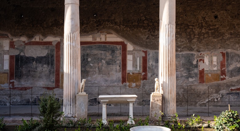 NAPLES, ITALY - JANUARY 10: The Peristyle of the domus House of the Vettii at the Archaeological Park of Pompeii, during the inauguration day of the reopening of the House of the Vettii, January 10, 2023. The House of the Vettii is a domus from Roman times, buried during the eruption of Vesuvius in 79 and found as a result of the archaeological excavations in ancient Pompeii. It represents one of the finest examples of 1st century Roman art and is so named after its owners, Aulus Vettius Restituto and Aulus Vettius Conviva, reopening to the public after 20 years, after a restoration project, undertaken in 2016 under the direction of Massimo Osanna, has drawn on the collaboration of a wide range of professionals, including archaeologists, architects, restorers, engineers, structural engineers and gardening experts, making it one of the most complex projects in the panorama of archaeological heritage in recent decades. (Photo by Stringer/Anadolu Agency via Getty Images)
1246130579
archaeological park of pompeii, archeology, complex, culture, domus, home, house of the vettii, naples, park, roman times, vettii, view
