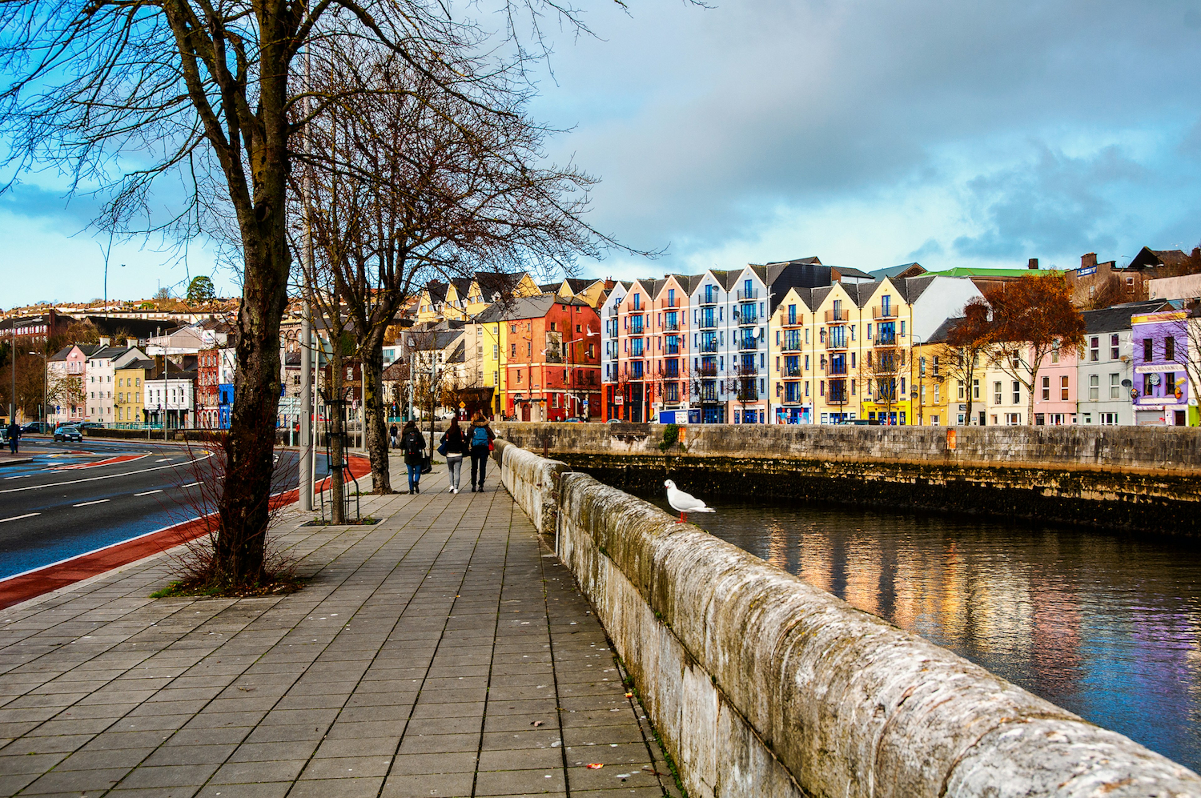 People walking on the street along the bank of the River Lee, Cork City, County Cork, Ireland