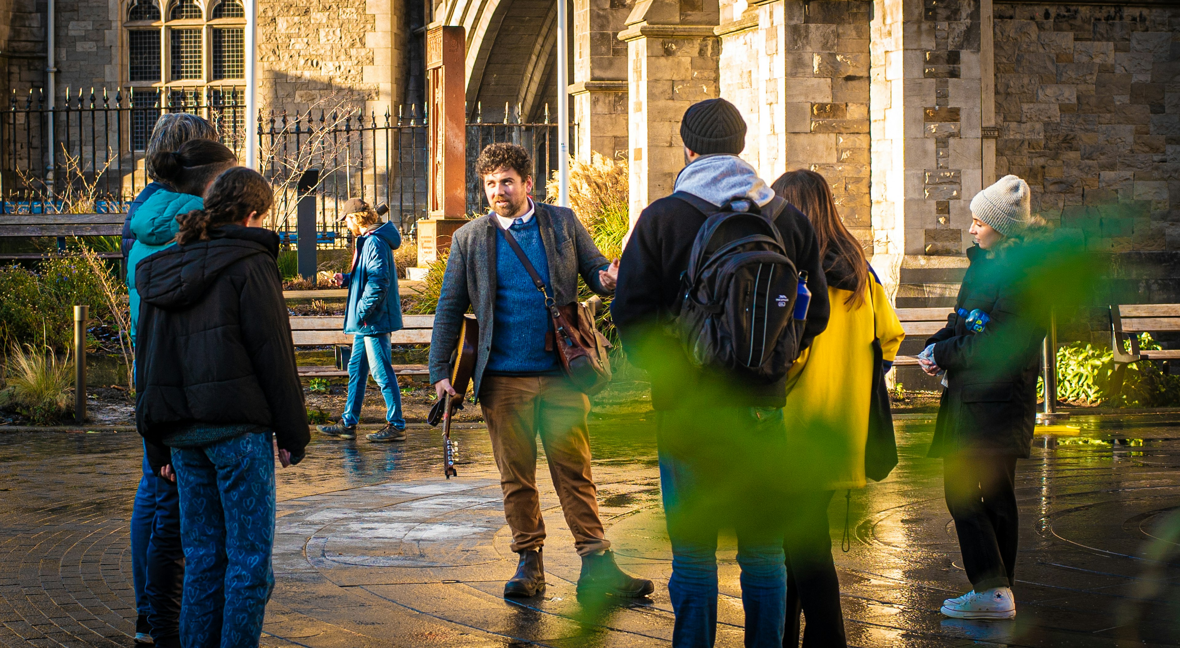 Tour guide Seán Fitzgerald with a group in front of Christ Church Cathedral, Dublin, Ireland