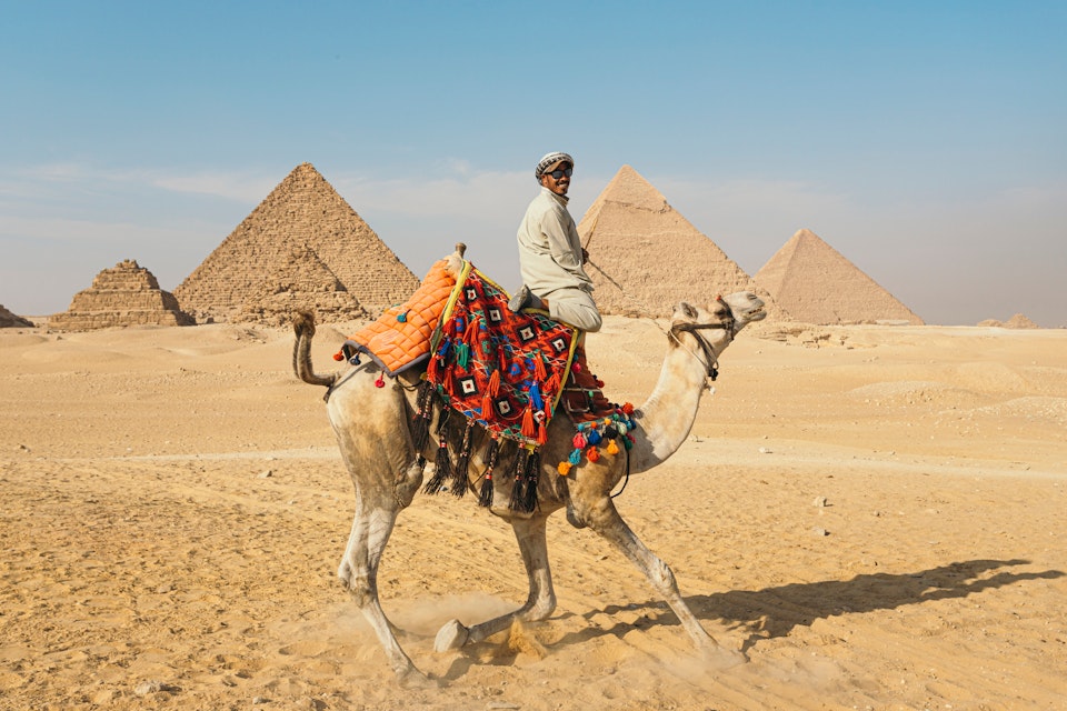 A camel driver in front of the Pyramids of Giza.