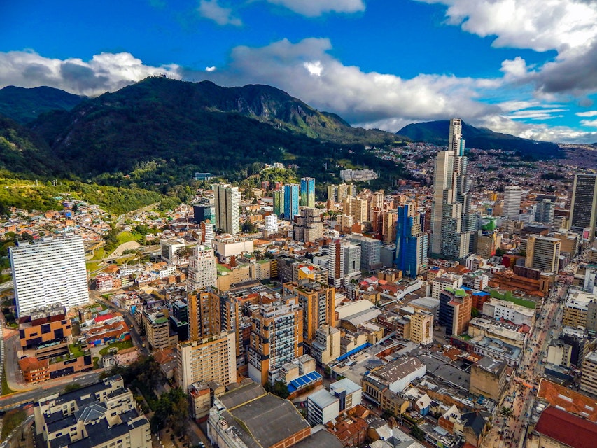 Bogota cityscape of big buildings and mountains and blue sky
1182337590