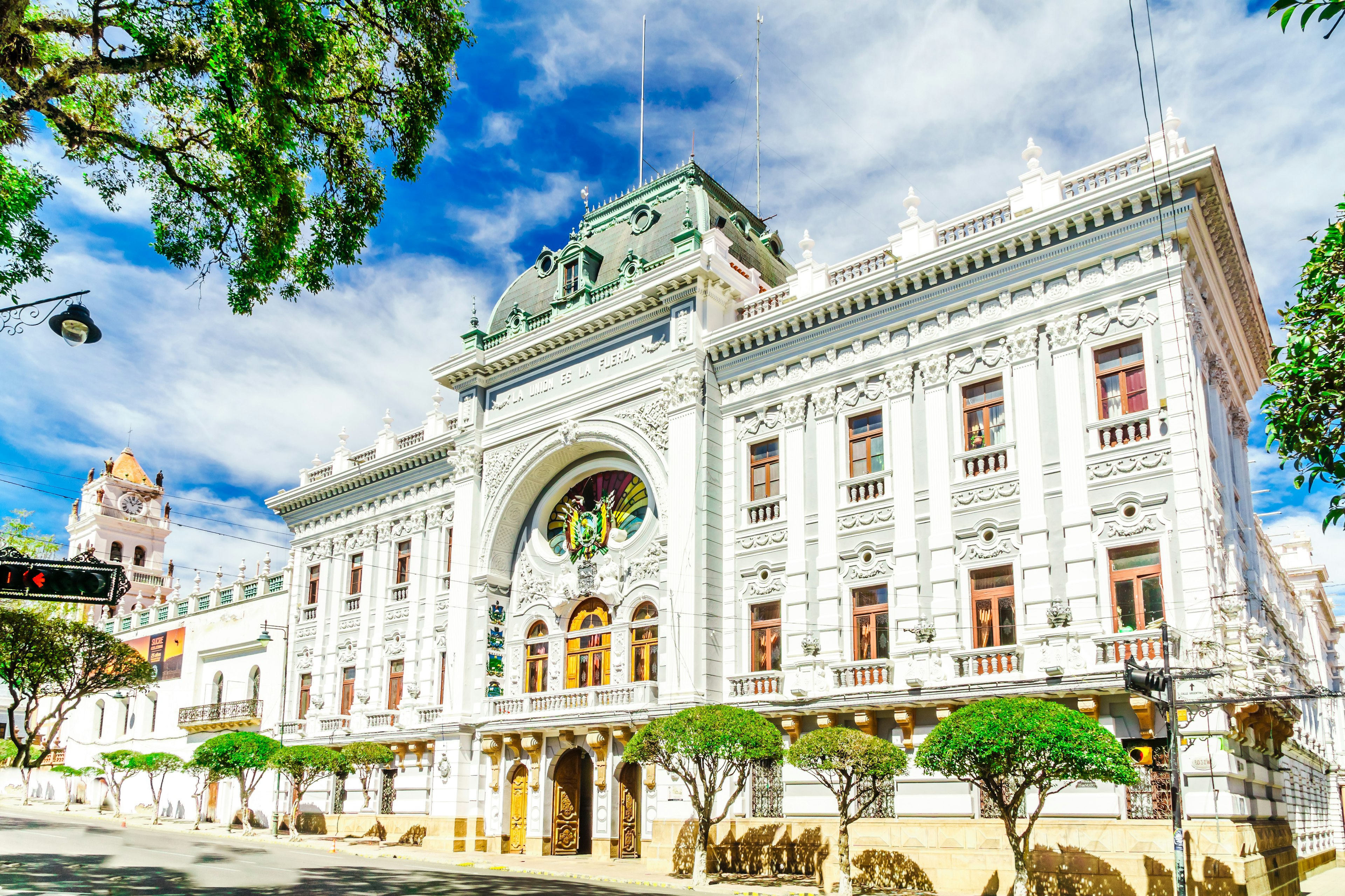 The colonial style Chuquisaca Governorship Palace at Plaza 25 de Mayo Square in Sucre, Bolivia