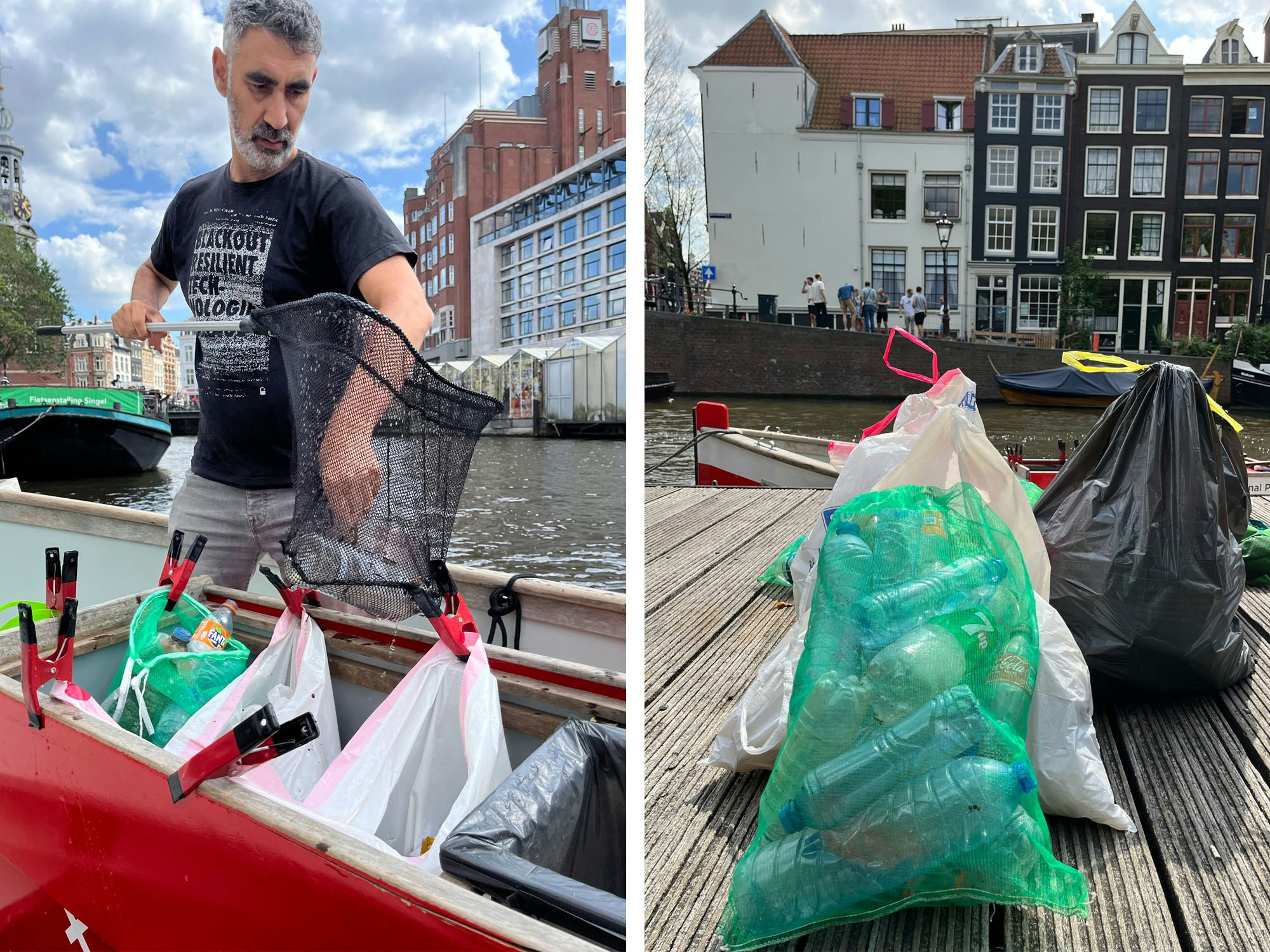 Collage; photo 1: Fransman removed a plastic bottle from his net, photo 2: bags of trash collected during the tour