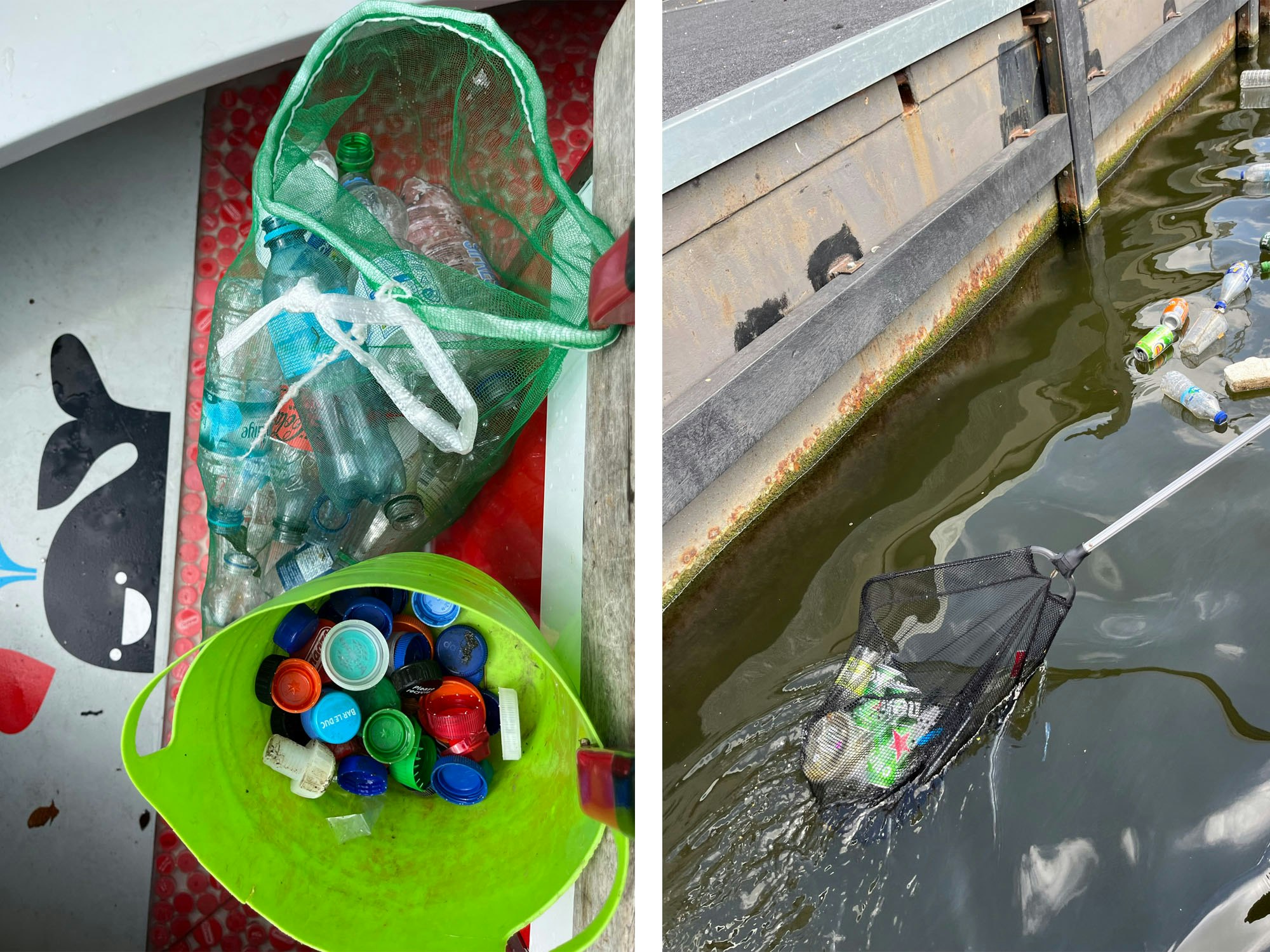 collage; photo 1: plastic bottles float in a canal, photo 2: collected trash in bags on the floor of the boat