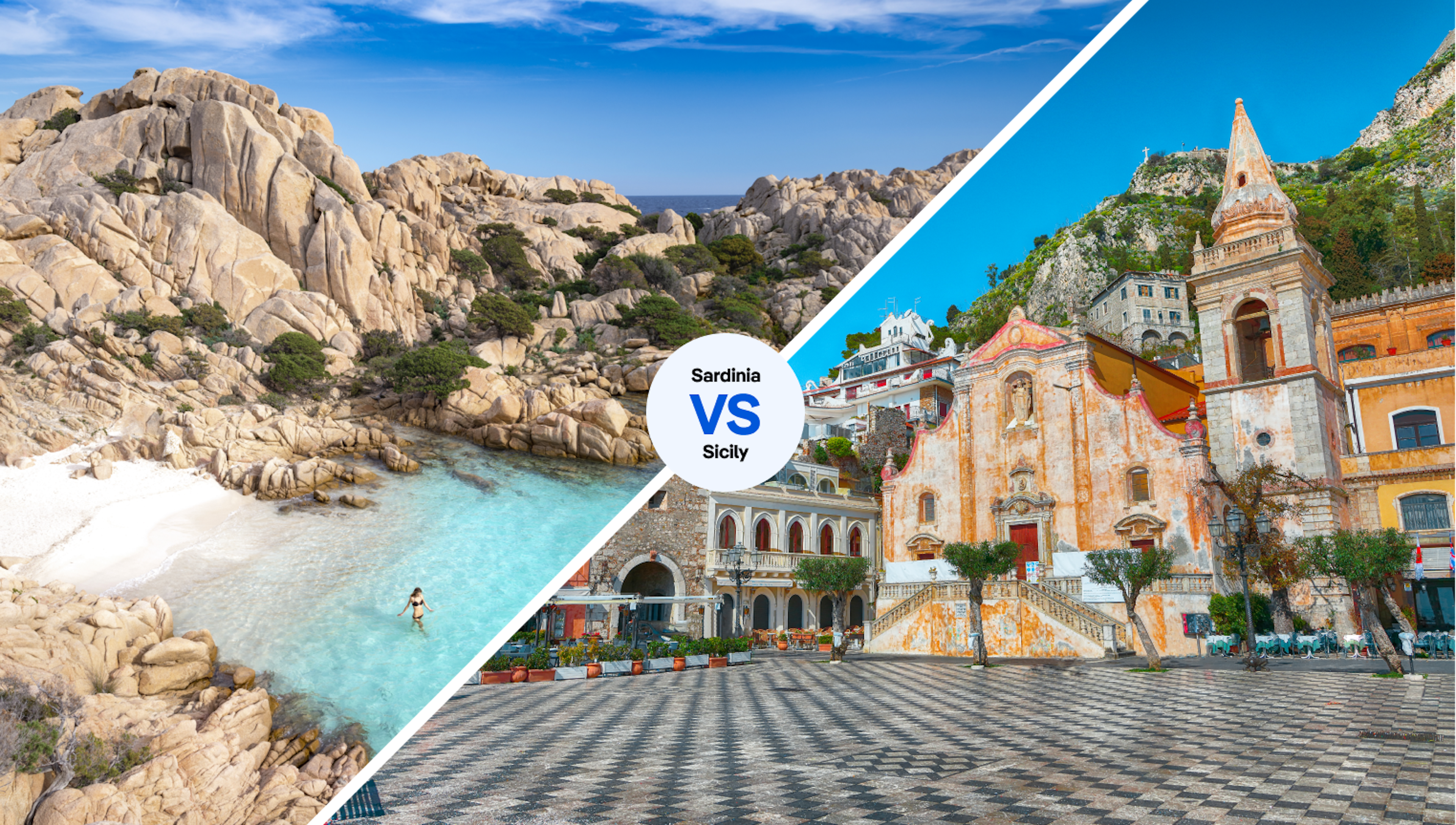 a secluded Beach on Madallena, Sardinia, Italy vs Belvedere of Taormina and San Giuseppe church on the square Piazza IX Aprile in Taormina.