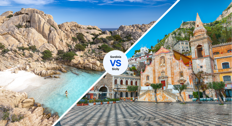 a secluded Beach on Madallena, Sardinia, Italy vs Belvedere of Taormina and San Giuseppe church on the square Piazza IX Aprile in Taormina.