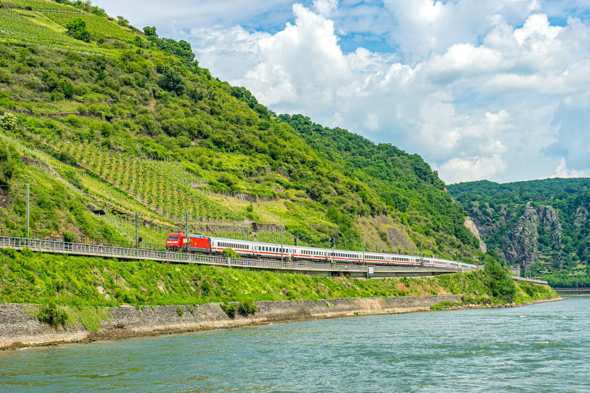 A red Deutsche Bahn railway train cuts between the wine terraced hills of the Rhine Valley in Germany