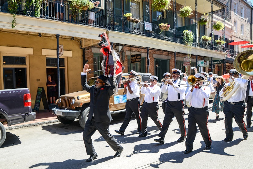 New Orleans, Louisiana / USA - March 31, 2017: A Second Line band plays as it marches in the French Quarter in New Orleans, Louisiana. 618097991 A Second Line band plays as it marches in the French Quarter in New Orleans, Louisiana.