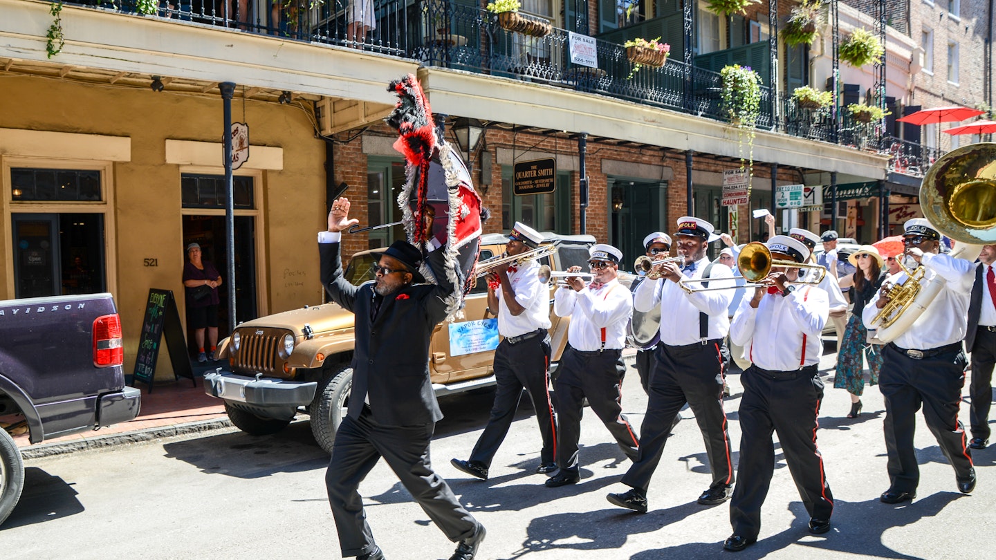 New Orleans, Louisiana / USA - March 31, 2017:  A Second Line band plays as it marches in the French Quarter in New Orleans, Louisiana.
618097991
A Second Line band plays as it marches in the French Quarter in New Orleans, Louisiana.