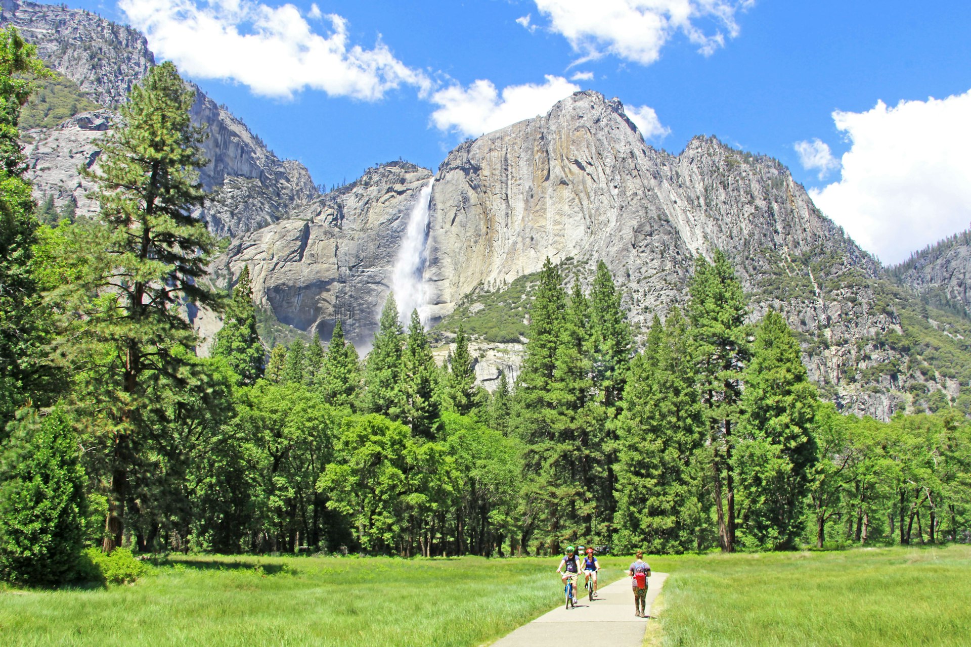 Walkers and cyclists follow a path through a meadow towards a distant waterfall