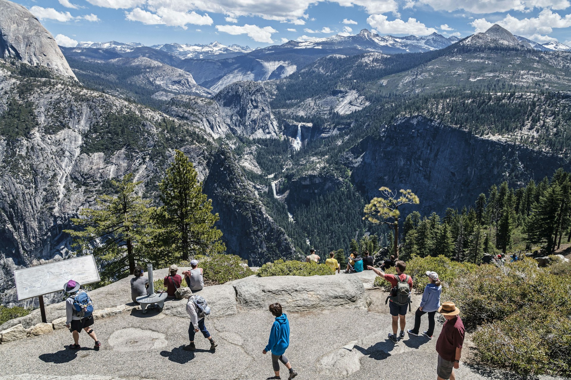 People seen from above, enjoying the view of Nevada and Vernal falls at Glacier Point in Yosemite. 
