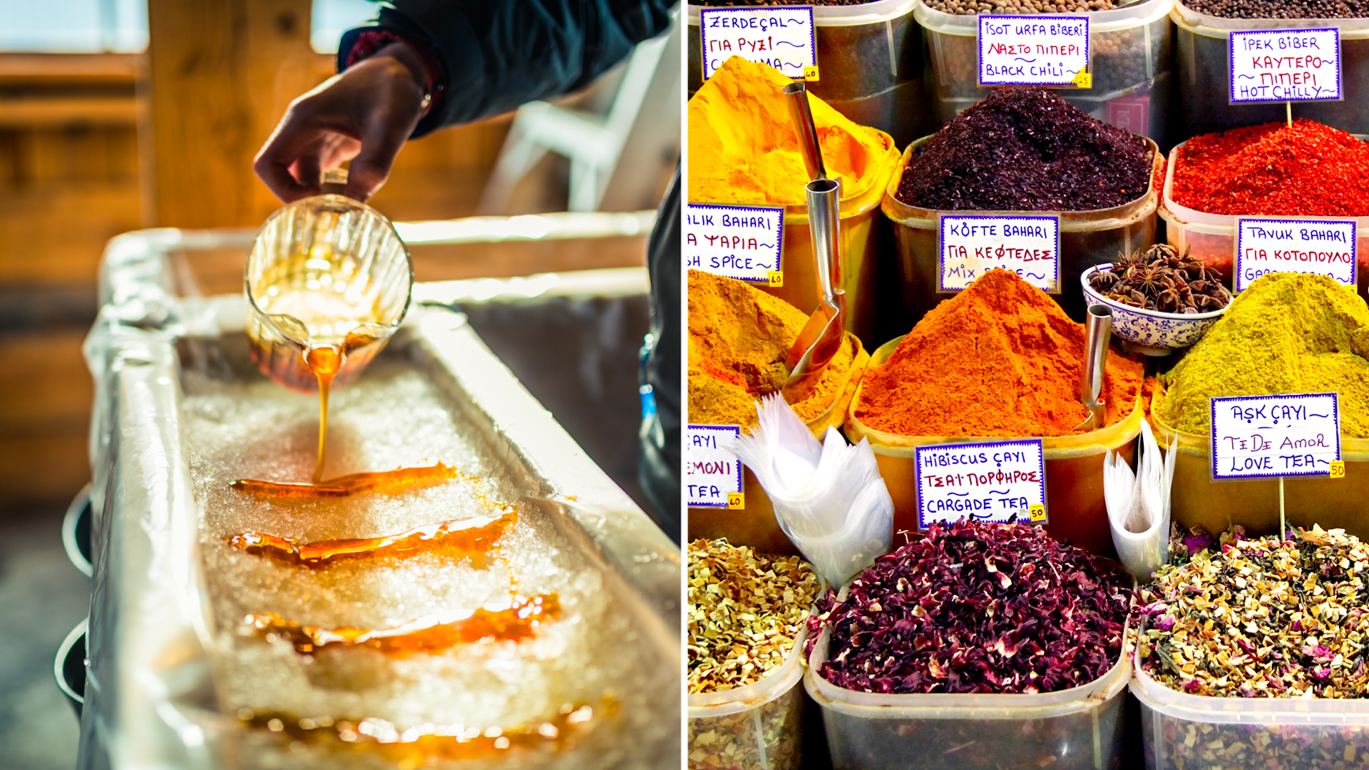 A split image. The left-hand picture shows a person pouring maple syrup onto snow to make maple sugar taffy. The image on the right-hand side shows spice baskets at a market in Istanbul. 