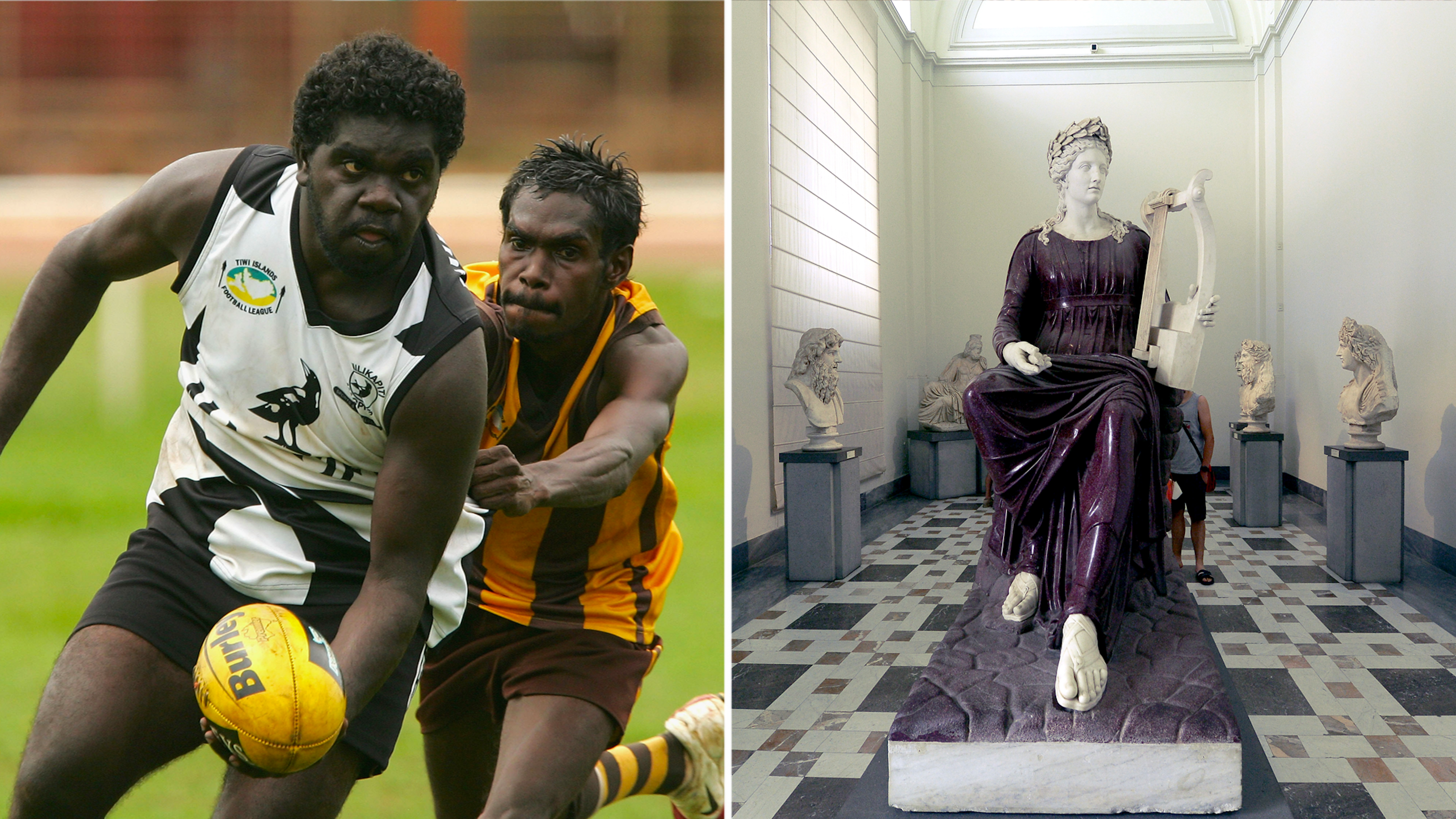 A split image. On the left, the Muluwurri Magpies from Melville Island (wearing black and white) play against the Tapalinga Super Stars in a game of Australian Rules football. On the right. The Farnese Collection at Museo Archeologico Nazionale in Naples.